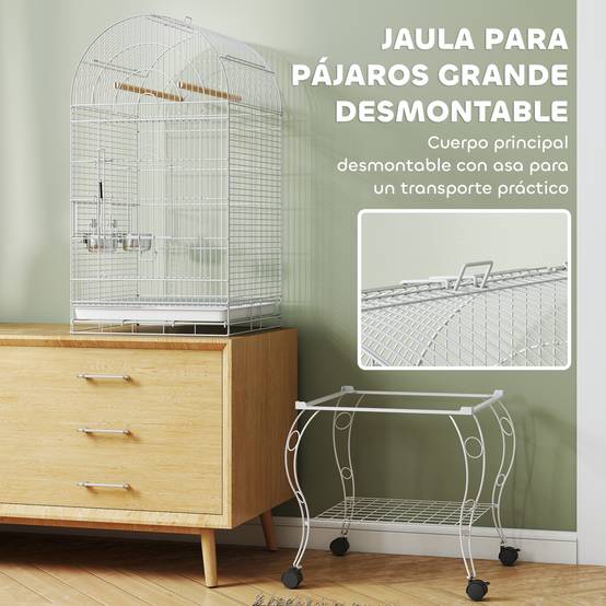 Cage à Oiseaux Acier avec Toit Ouvrant sur Roulettes pour Perroquets 51x51x153 cm Blanche - ComfortXL Outdoor Living - Image 6