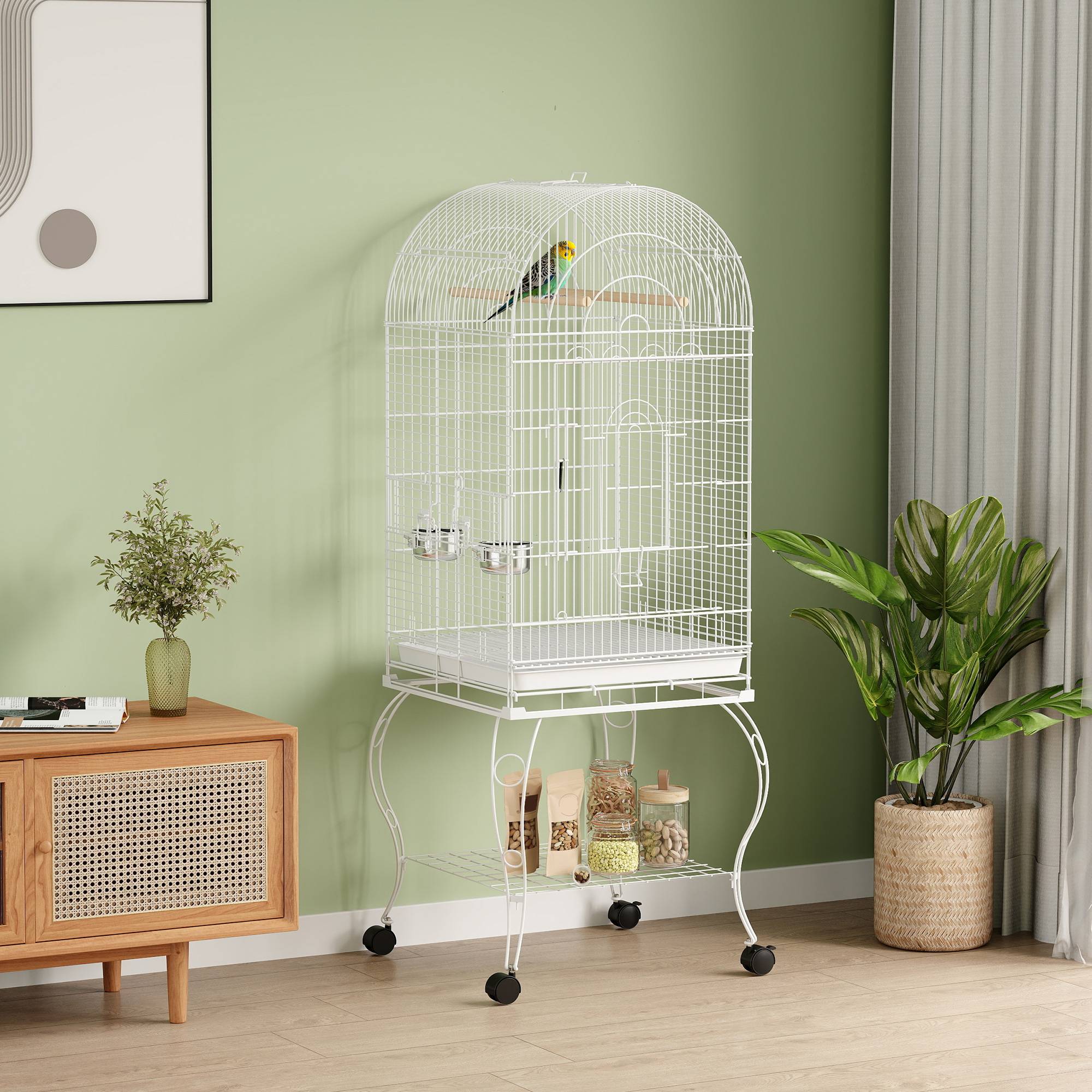Cage à Oiseaux Acier avec Toit Ouvrant sur Roulettes pour Perroquets 51x51x153 cm Blanche - ComfortXL Outdoor Living - Image 3