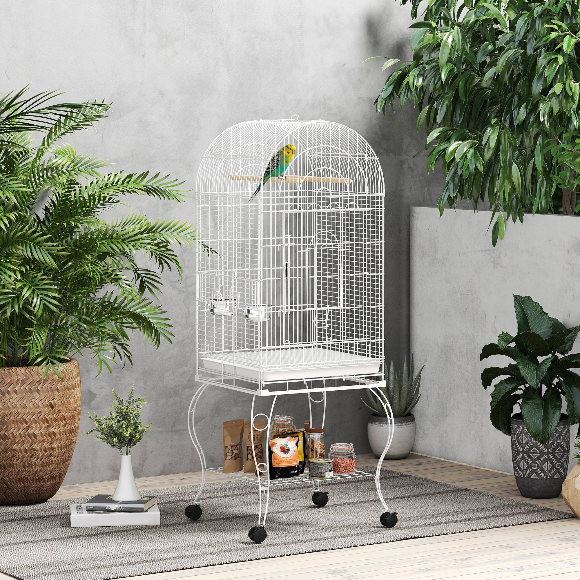 Cage à Oiseaux Acier avec Toit Ouvrant sur Roulettes pour Perroquets 51x51x153 cm Blanche - ComfortXL Outdoor Living - Image 4