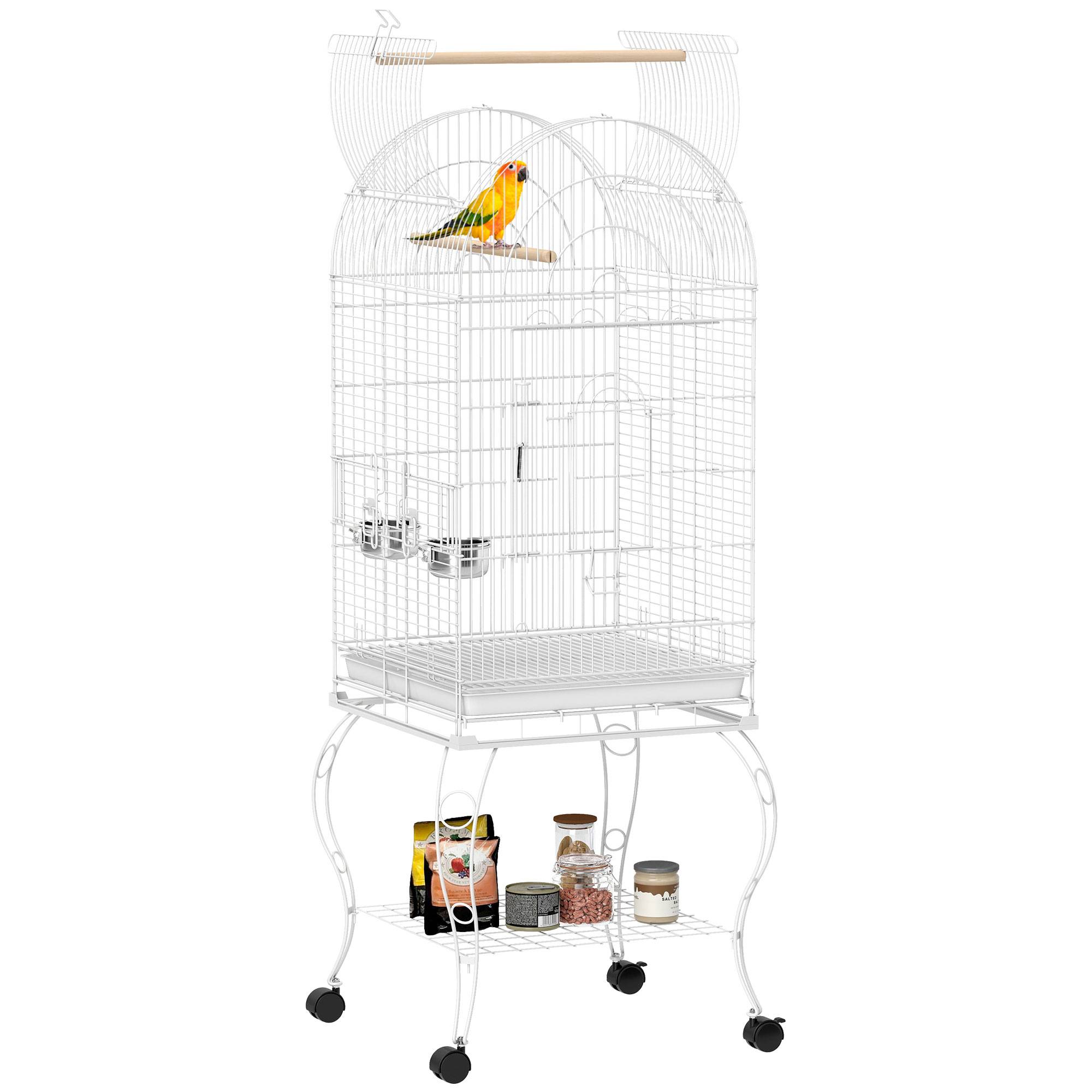 Cage à Oiseaux Acier avec Toit Ouvrant sur Roulettes pour Perroquets 51x51x153 cm Blanche - ComfortXL Outdoor Living