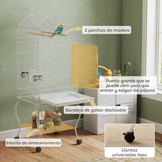 Cage à Oiseaux Acier avec Toit Ouvrant sur Roulettes pour Perroquets 51x51x153 cm Blanche - ComfortXL Outdoor Living - Image 7