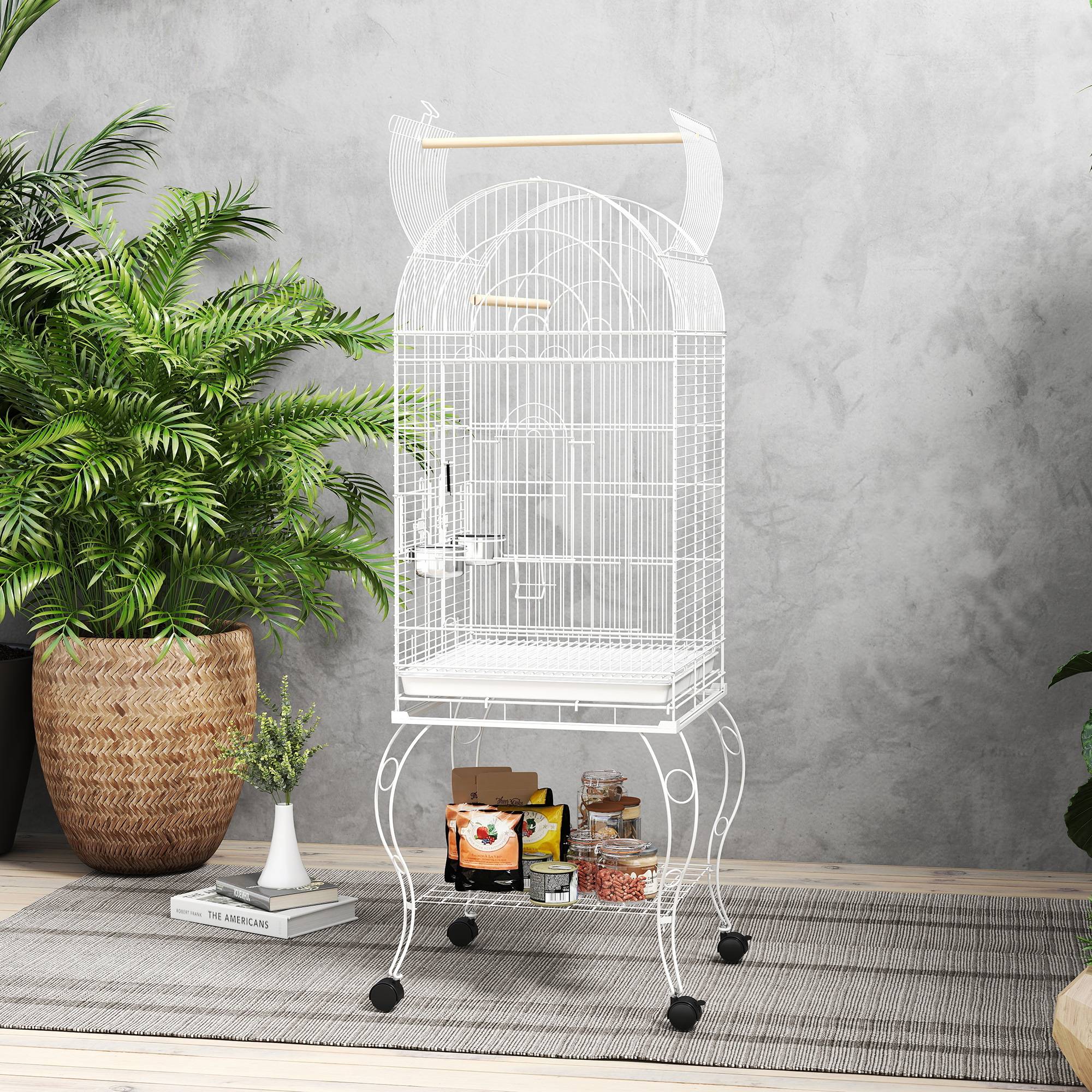 Cage à Oiseaux Acier avec Toit Ouvrant sur Roulettes pour Perroquets 51x51x153 cm Blanche - ComfortXL Outdoor Living - Image 9