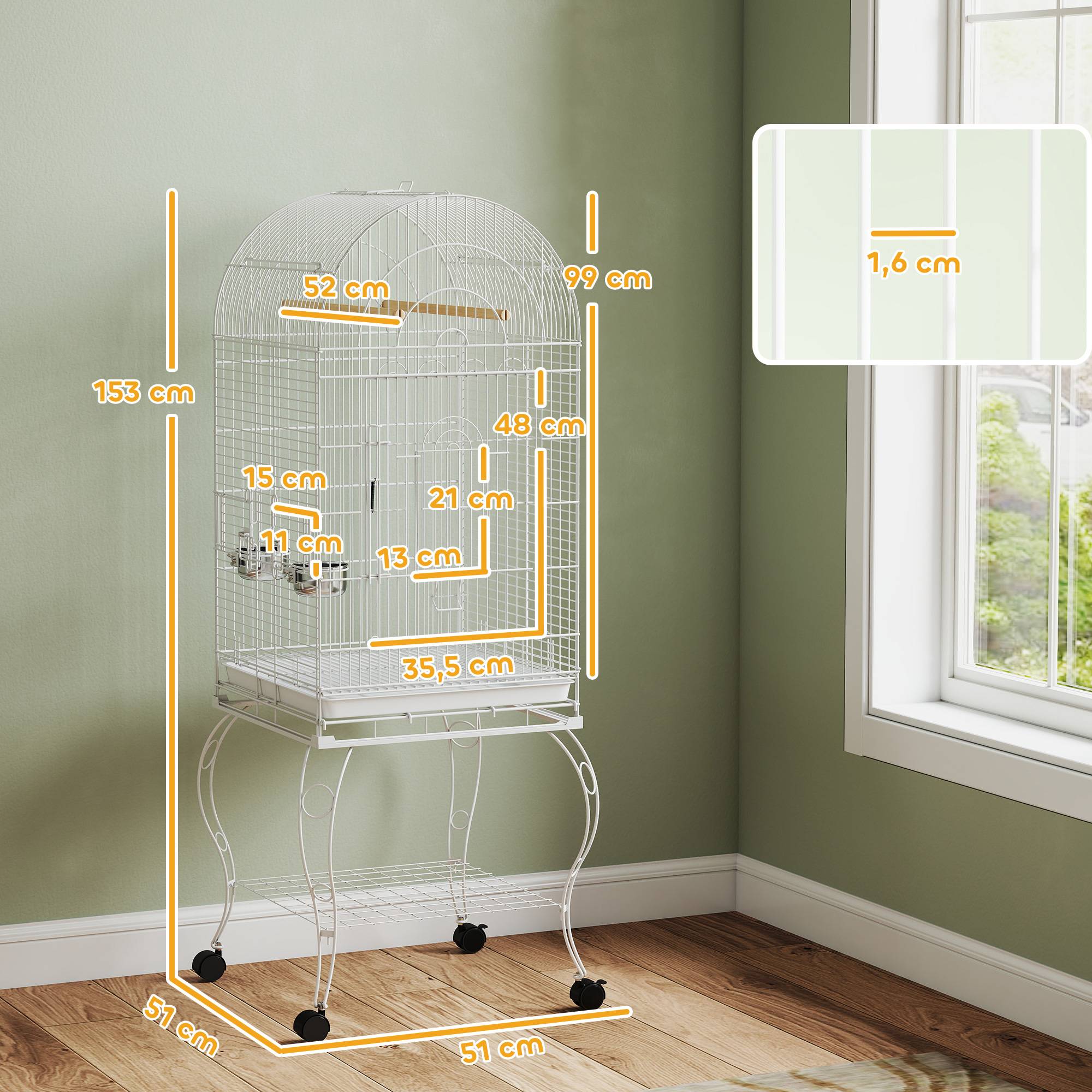 Cage à Oiseaux Acier avec Toit Ouvrant sur Roulettes pour Perroquets 51x51x153 cm Blanche - ComfortXL Outdoor Living - Image 5