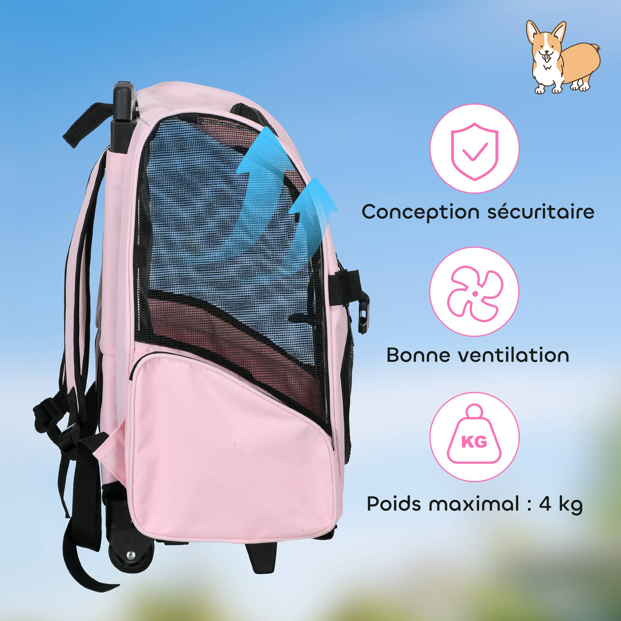 Sac de transport trolley tissu Oxford rose 42 x 25 x 55 cm - PANGIVO - Image 9