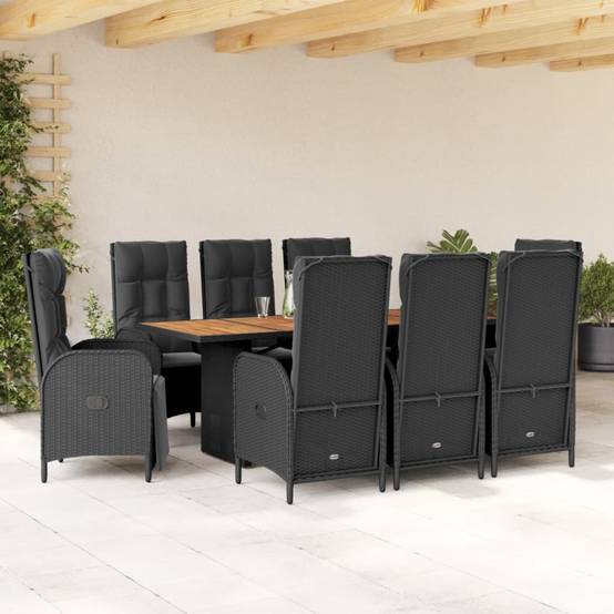 Salon de Jardin 8 Personnes Résine Tressée, Table Bois d'Acacia et 8 Fauteuils Inclinables avec Repose-pieds, Noir – ComfortXL Outdoor Living - Image 1