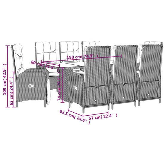 Salon de Jardin 8 Personnes Résine Tressée, Table Bois d'Acacia et 8 Fauteuils Inclinables avec Repose-pieds, Noir – ComfortXL Outdoor Living - Image 8