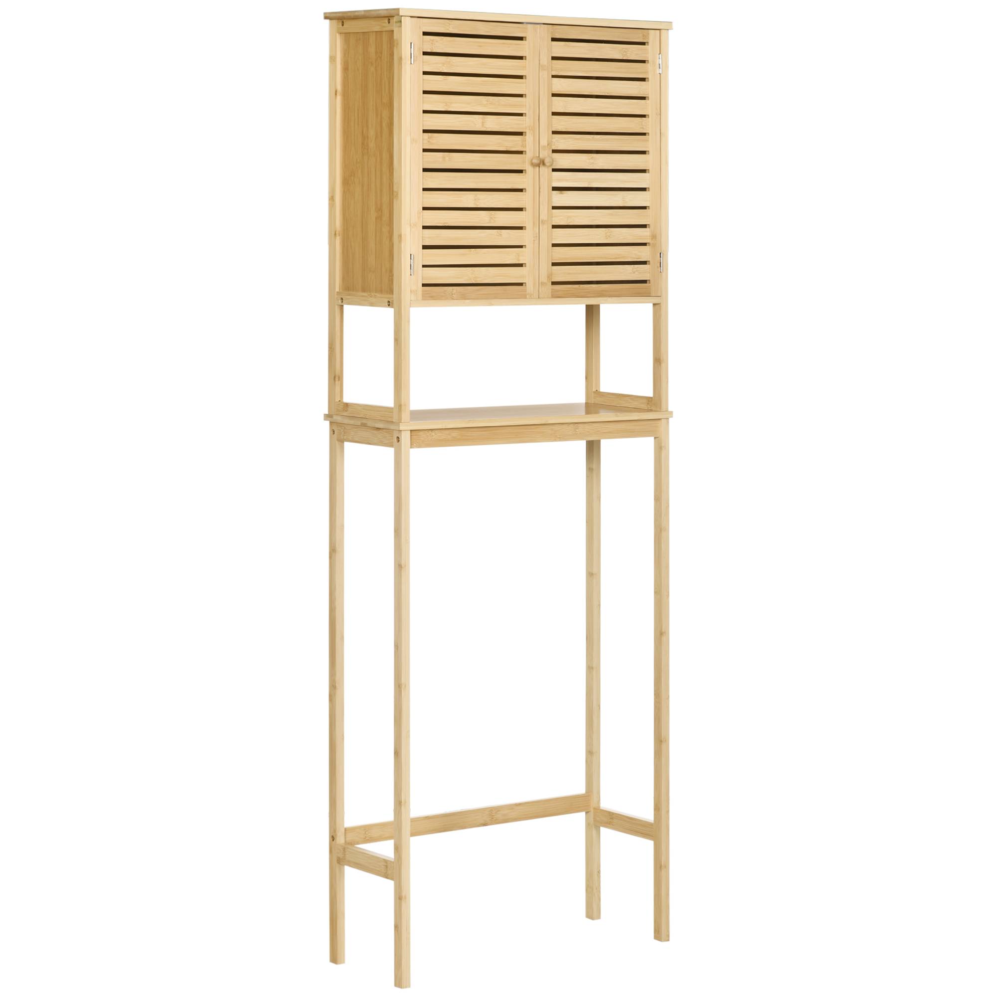 Sans Marque - Meuble salle bain bambou naturel 2 portes 1 étagère intérieure 1 support rangement lave-linge WC 60x23x173 cm - Image 1