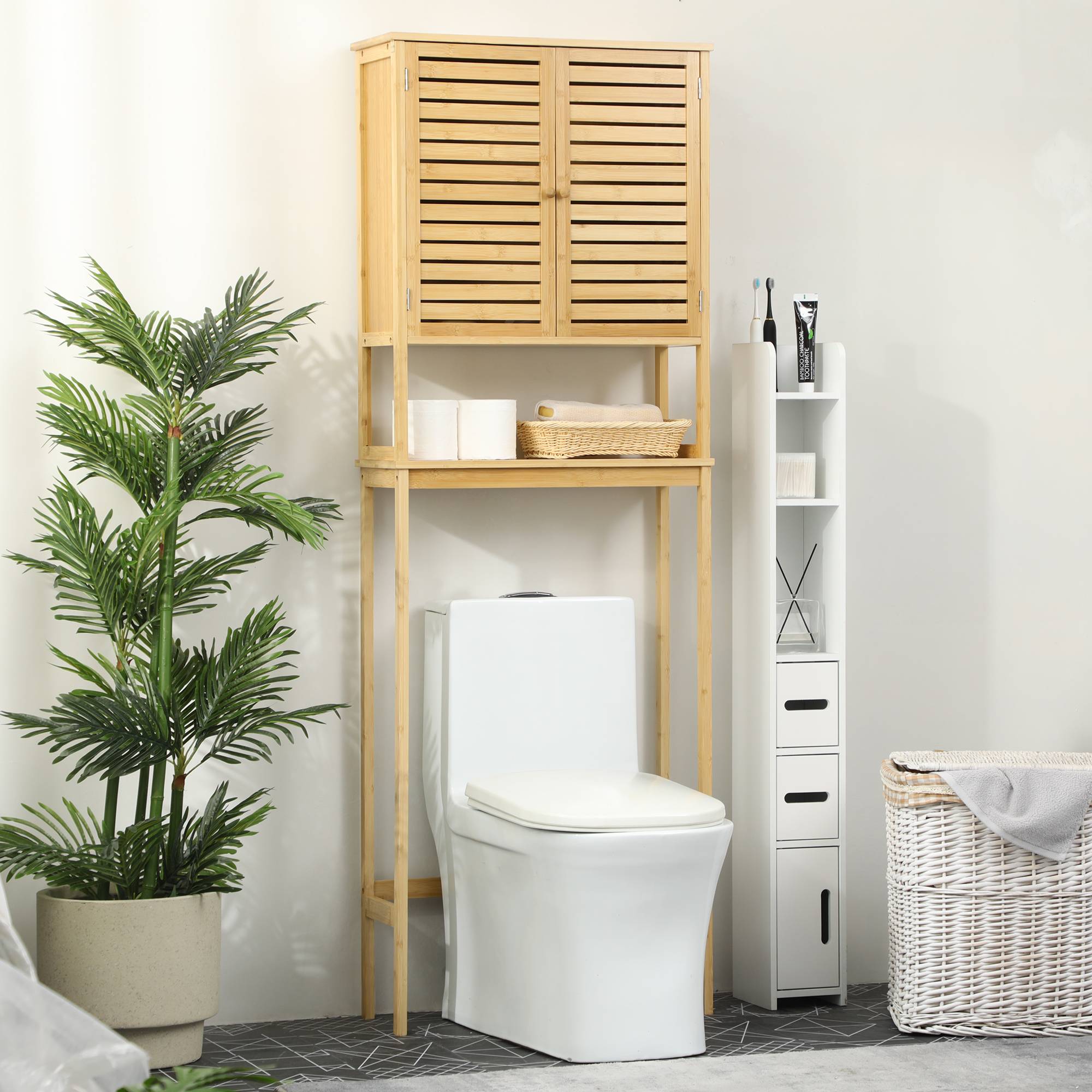 Sans Marque - Meuble salle bain bambou naturel 2 portes 1 étagère intérieure 1 support rangement lave-linge WC 60x23x173 cm - Image 3