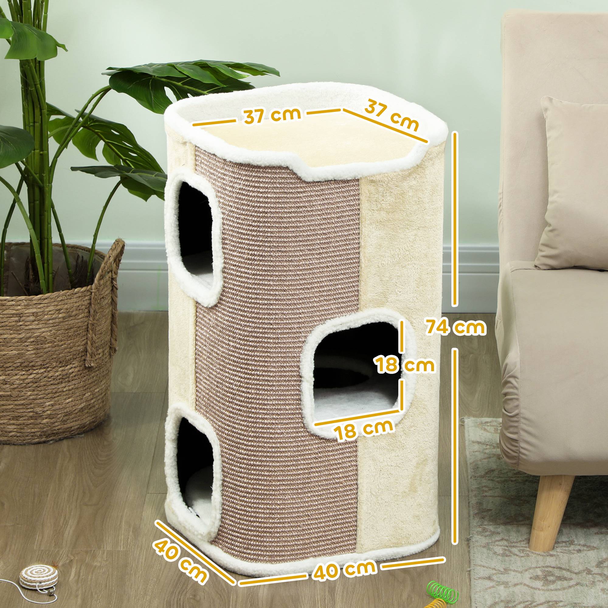 ComfortXL - Griffoir pour chat en sisal 40 x 74 x 40 cm beige et blanc pour chats jusqu’à 4,5 kg avec 3 niveaux et 2 ouvertures - Image 3