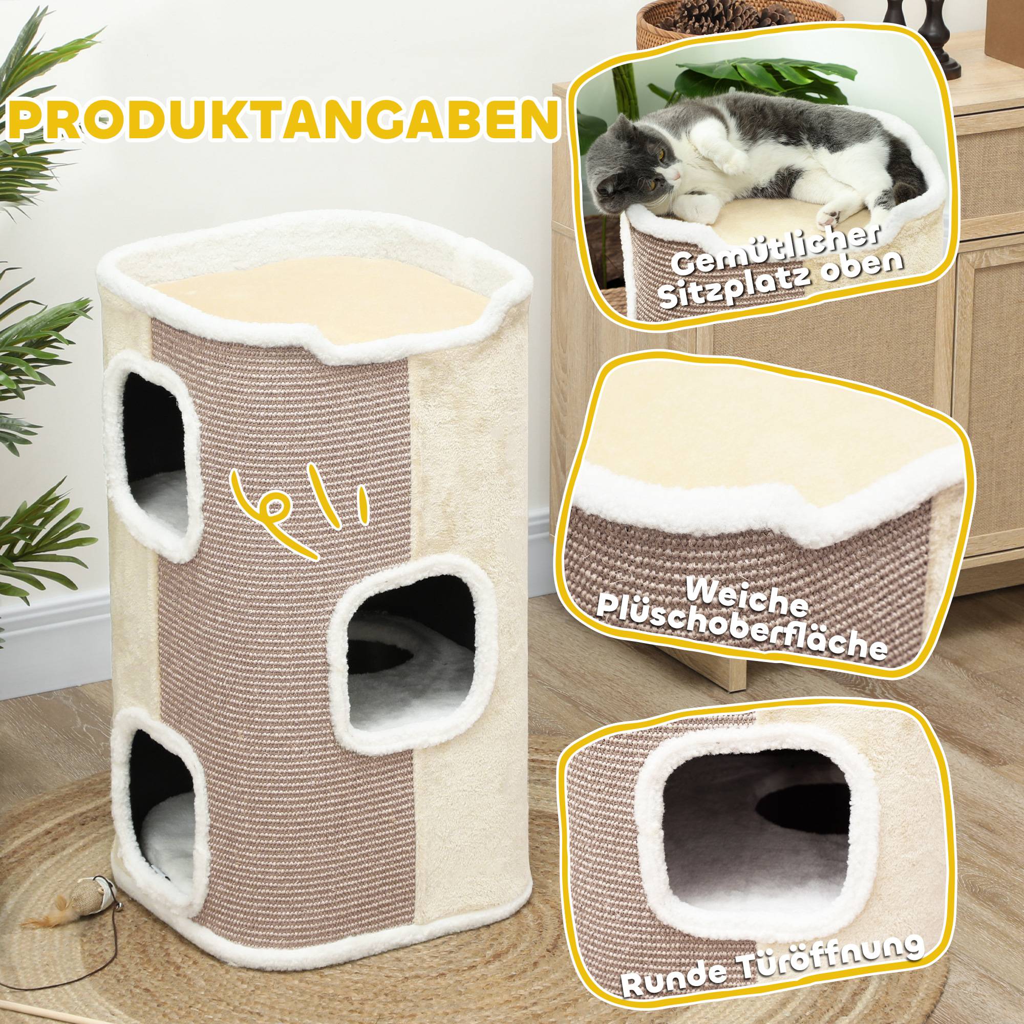 ComfortXL - Griffoir pour chat en sisal 40 x 74 x 40 cm beige et blanc pour chats jusqu’à 4,5 kg avec 3 niveaux et 2 ouvertures - Image 5