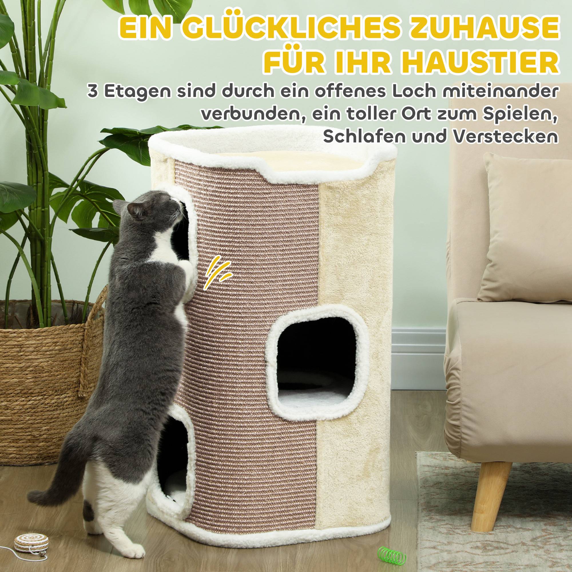ComfortXL - Griffoir pour chat en sisal 40 x 74 x 40 cm beige et blanc pour chats jusqu’à 4,5 kg avec 3 niveaux et 2 ouvertures - Image 4