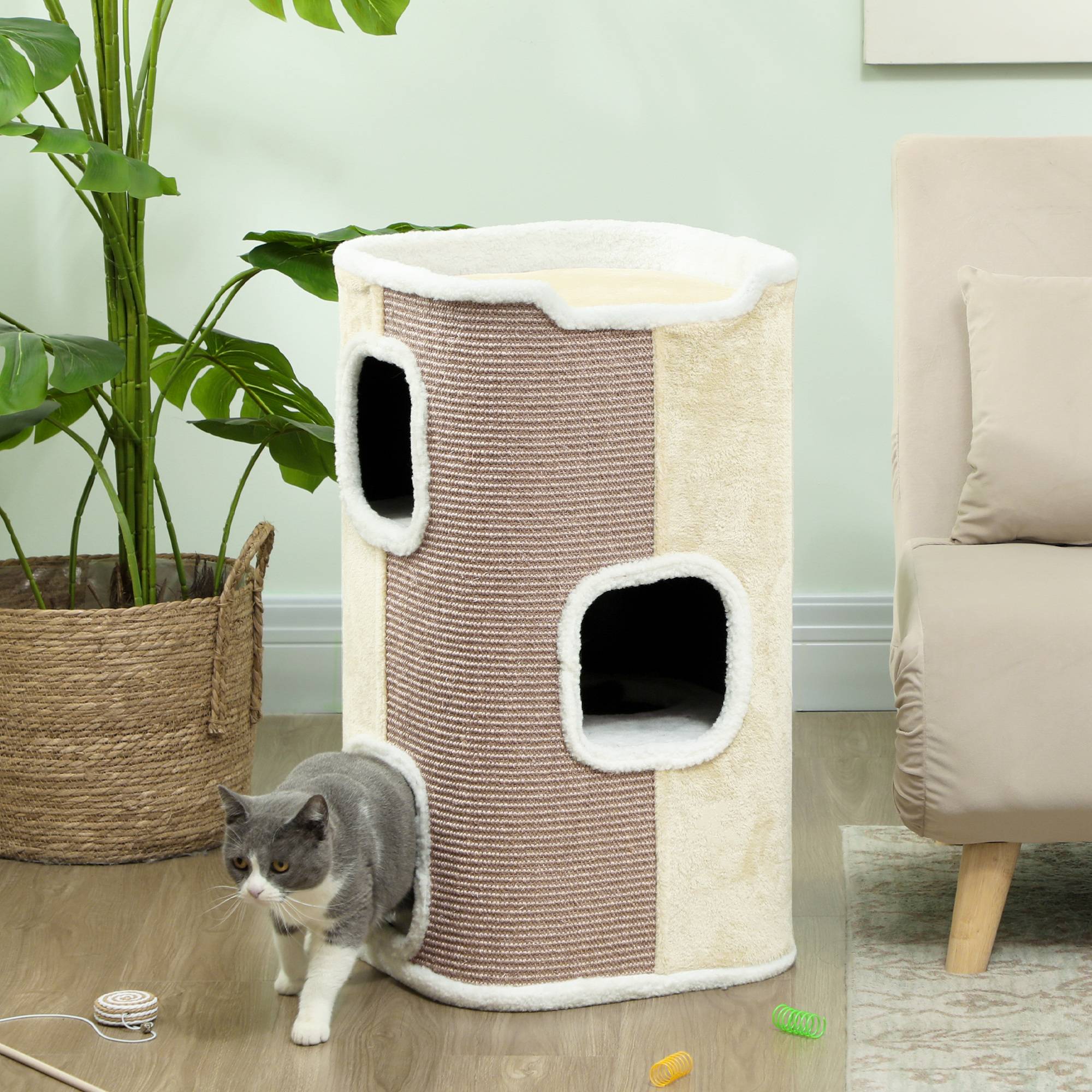 ComfortXL - Griffoir pour chat en sisal 40 x 74 x 40 cm beige et blanc pour chats jusqu’à 4,5 kg avec 3 niveaux et 2 ouvertures - Image 1