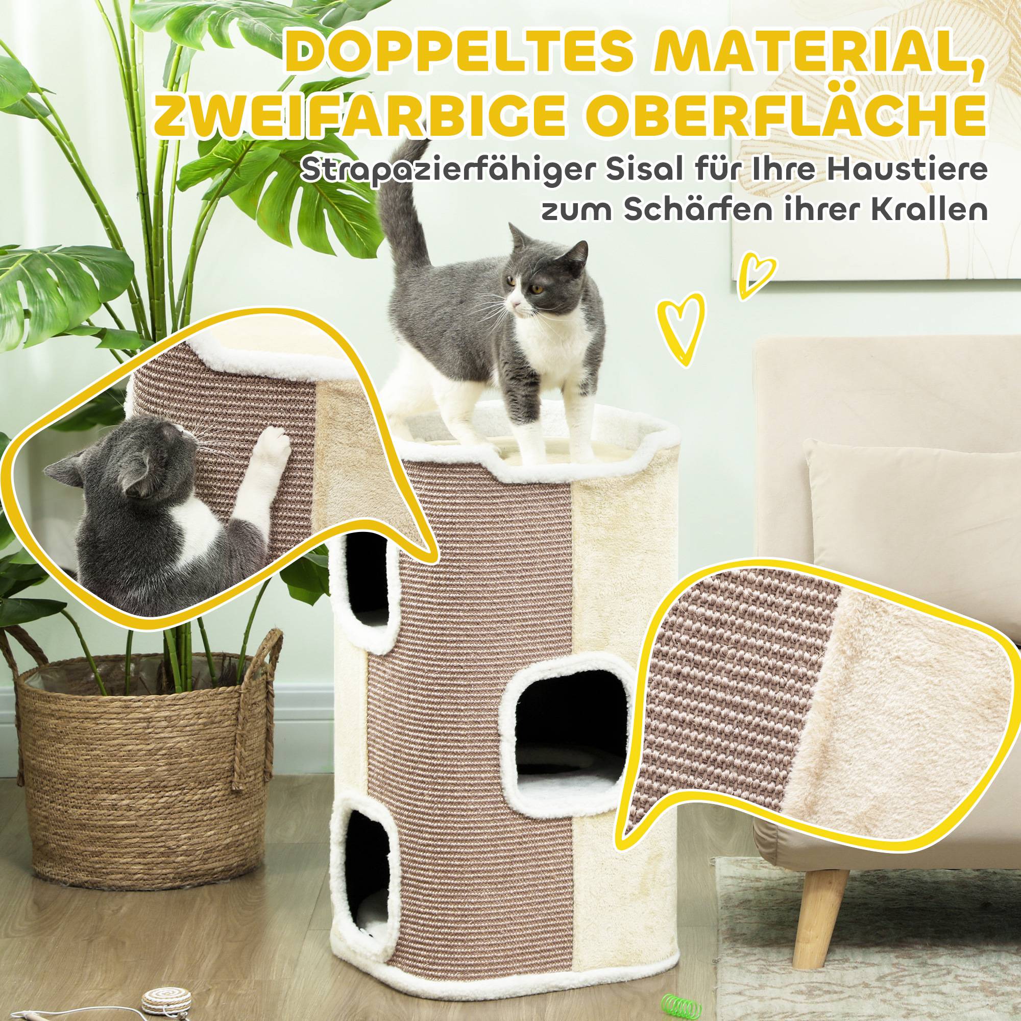 ComfortXL - Griffoir pour chat en sisal 40 x 74 x 40 cm beige et blanc pour chats jusqu’à 4,5 kg avec 3 niveaux et 2 ouvertures - Image 6