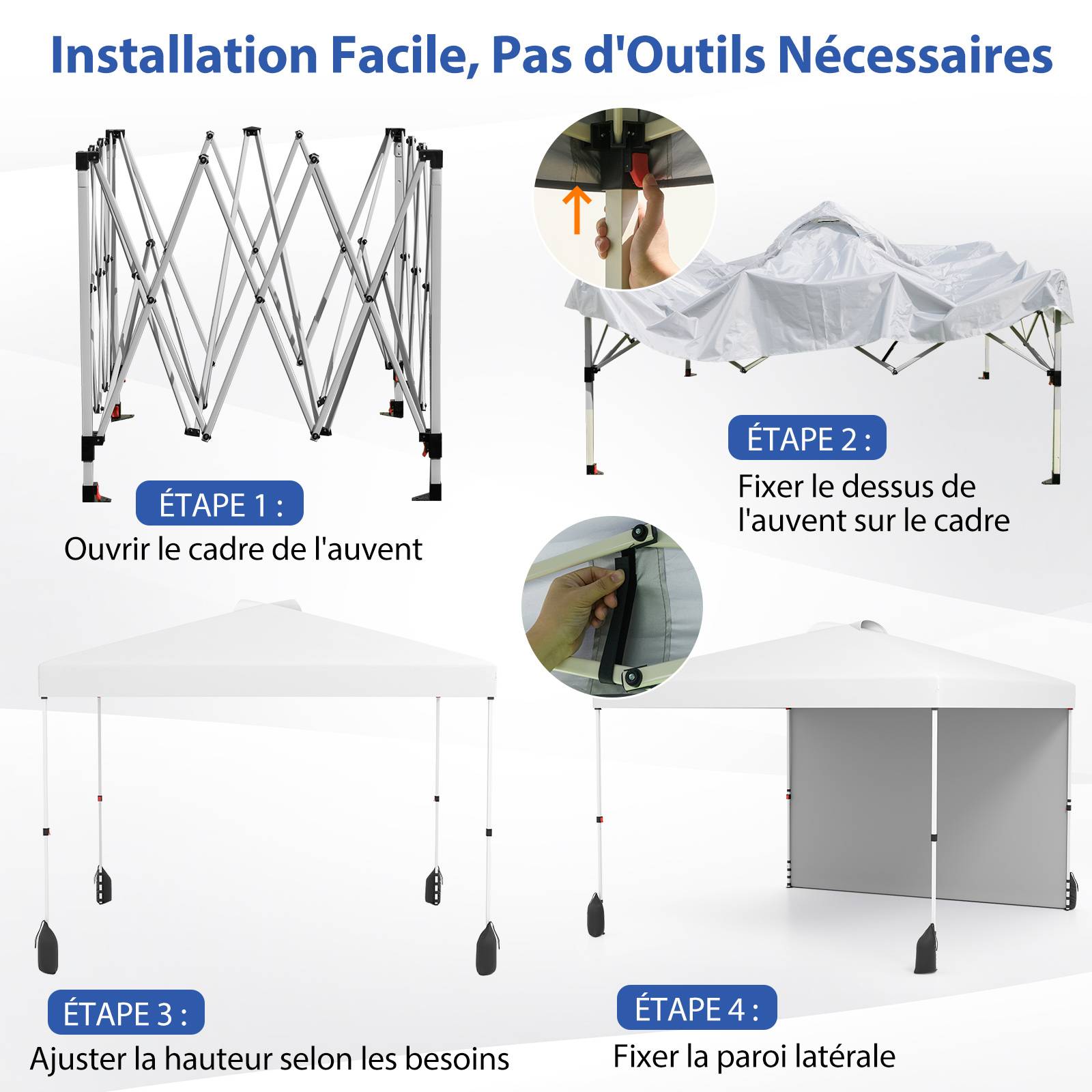Tonnelle de Jardin 3X3 M avec Paroi Latérale, Tente Réception Pliant avec Sac à roulettes 8 Piquets 4 Ancrages, pour Fête Camping, Blanc - Image 4