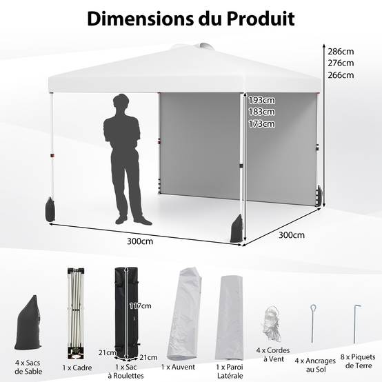 Tonnelle de Jardin 3X3 M avec Paroi Latérale, Tente Réception Pliant avec Sac à roulettes 8 Piquets 4 Ancrages, pour Fête Camping, Blanc - Image 3