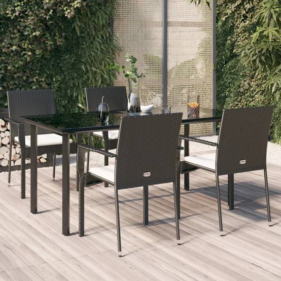 Salon de Jardin 4 Personnes Résine Tressée Table Verre 160cm Noir et Crème – ComfortXL Outdoor Living - Image 1