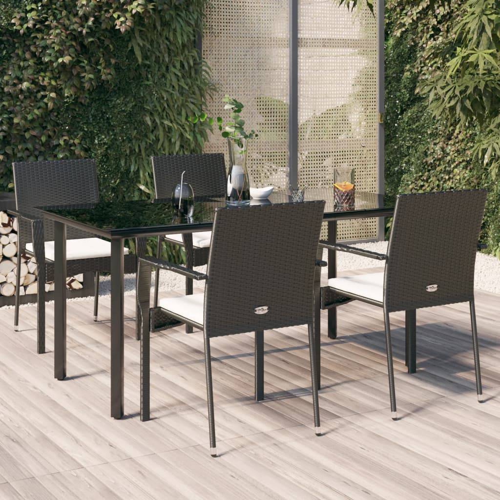 Salon de Jardin 4 Personnes Résine Tressée Table Verre 160cm Noir et Crème – ComfortXL Outdoor Living - Image 1
