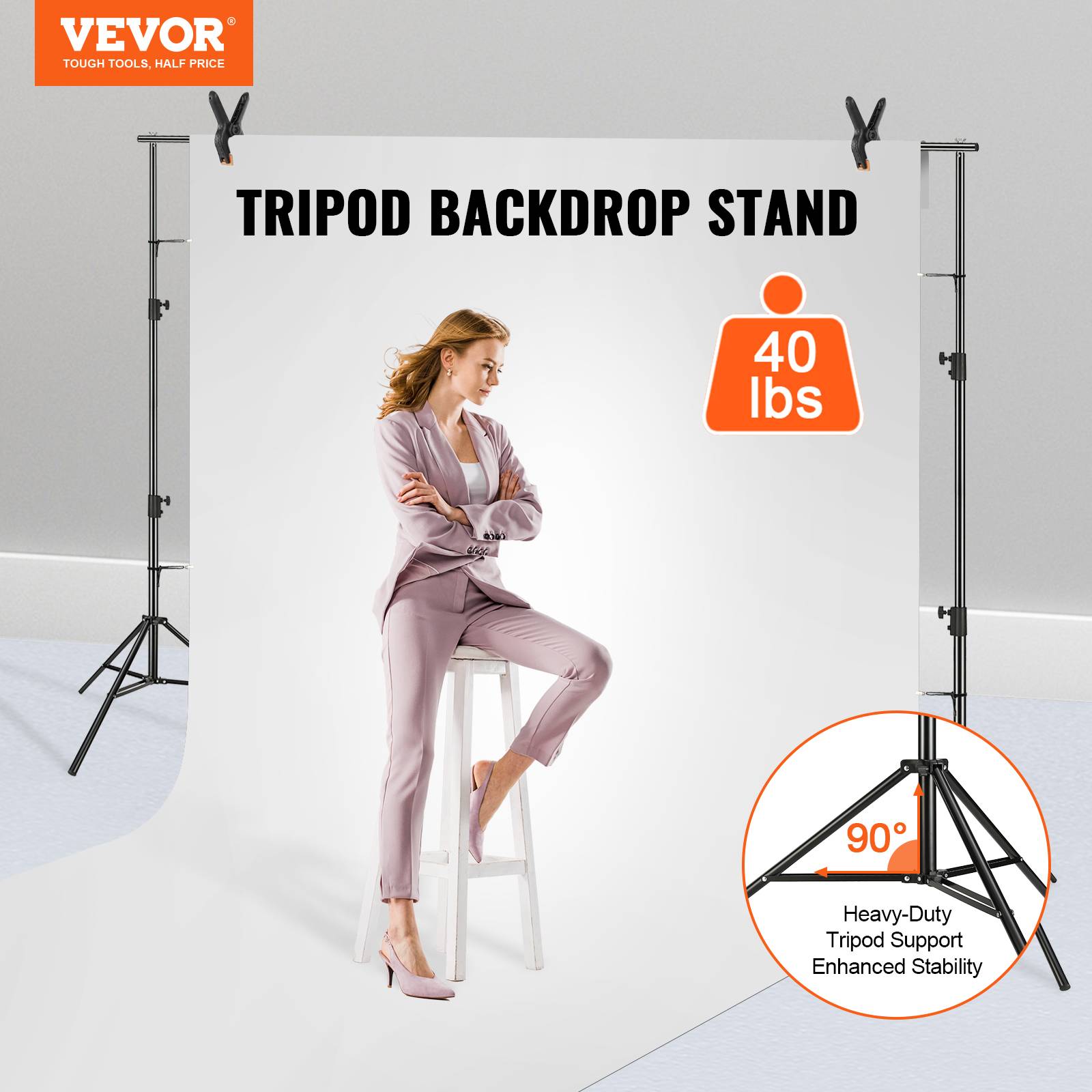 VEVOR Support toile de fond 2900x3500 mm réglable, 6 pinces, sac transport, pour studio photo et diffusion en direct. - Image 2