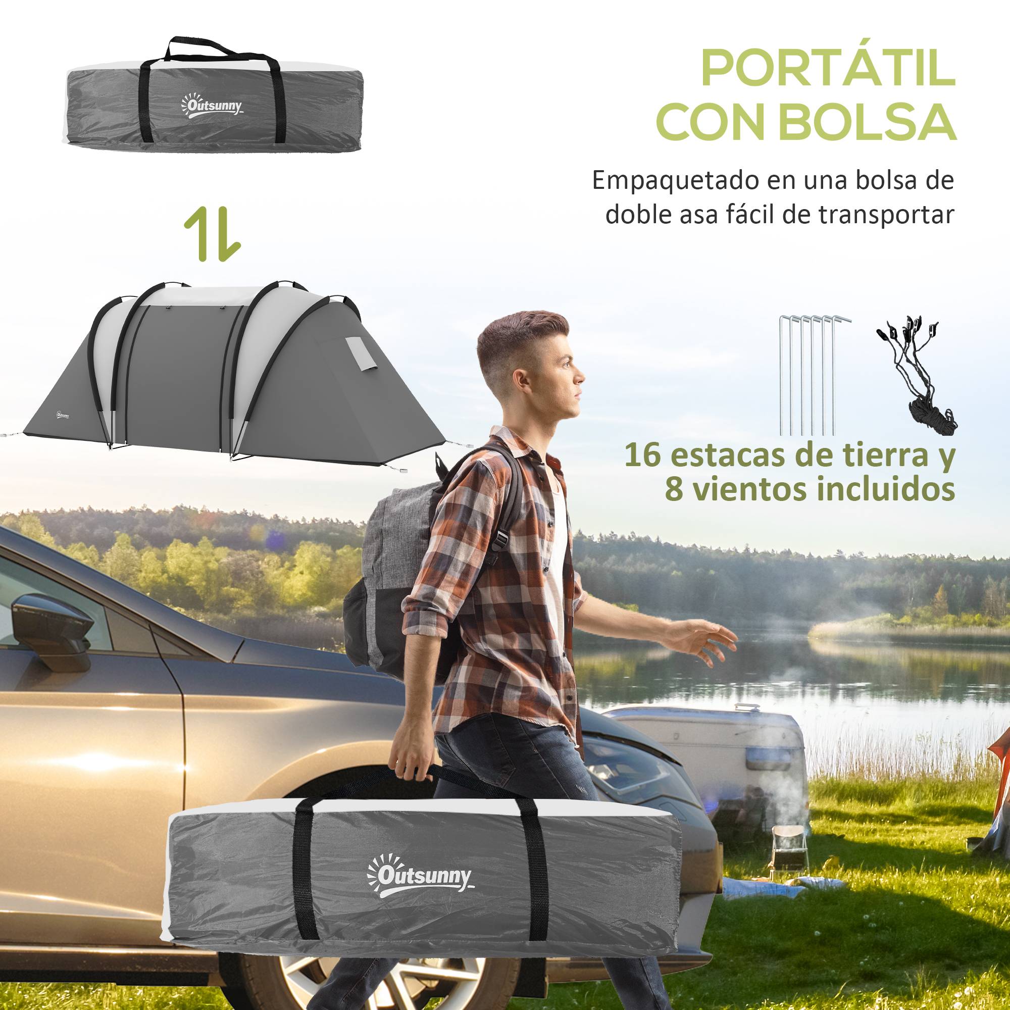 Tente familiale de camping pour 4 à 5 personnes avec 2 chambres séparées, portes et fenêtres, 450 x 220 x 180 cm, grise - Image 9