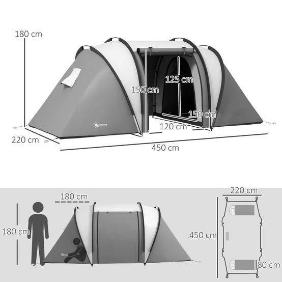 Tente familiale de camping pour 4 à 5 personnes avec 2 chambres séparées, portes et fenêtres, 450 x 220 x 180 cm, grise - Image 5