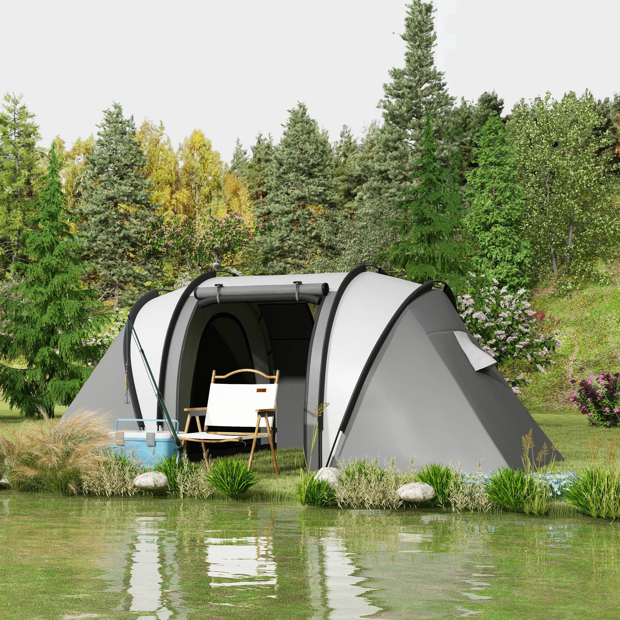 Tente familiale de camping pour 4 à 5 personnes avec 2 chambres séparées, portes et fenêtres, 450 x 220 x 180 cm, grise - Image 3
