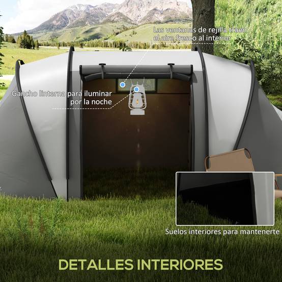Tente familiale de camping pour 4 à 5 personnes avec 2 chambres séparées, portes et fenêtres, 450 x 220 x 180 cm, grise - Image 8