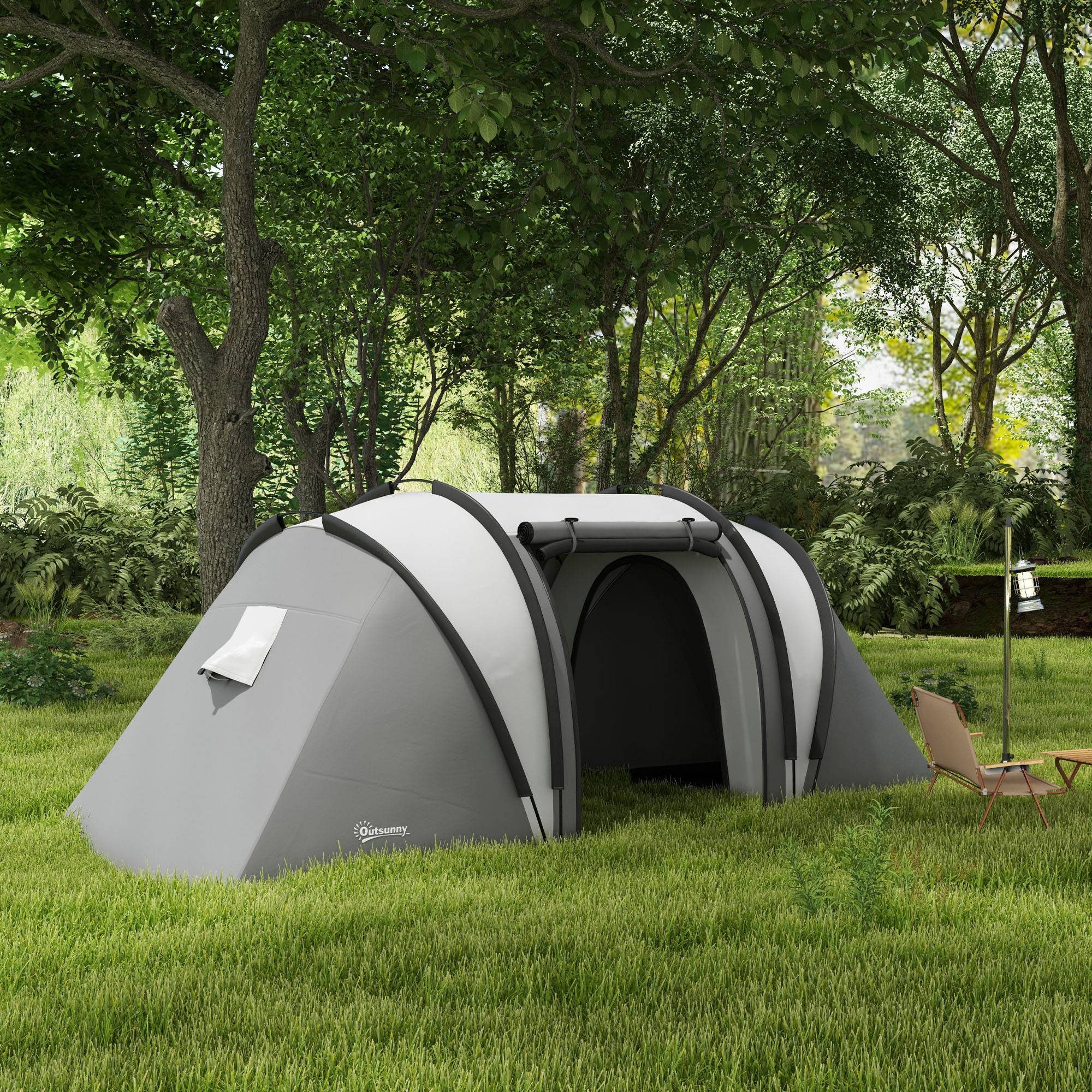 Tente familiale de camping pour 4 à 5 personnes avec 2 chambres séparées, portes et fenêtres, 450 x 220 x 180 cm, grise - Image 4