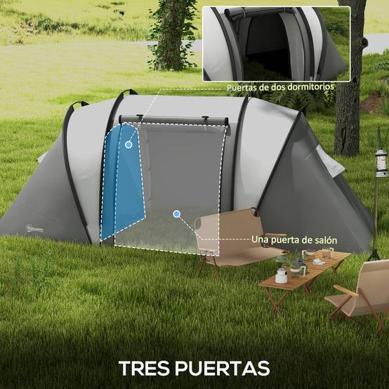 Tente familiale de camping pour 4 à 5 personnes avec 2 chambres séparées, portes et fenêtres, 450 x 220 x 180 cm, grise - Image 7