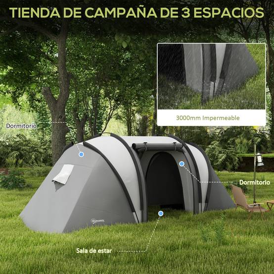 Tente familiale de camping pour 4 à 5 personnes avec 2 chambres séparées, portes et fenêtres, 450 x 220 x 180 cm, grise - Image 6