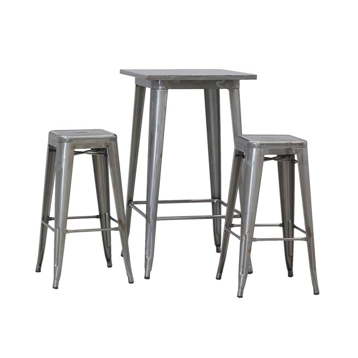 Aubry Gaspard - Ensemble table haute et tabourets en acier brossé (finition vintage) - Imagen 1