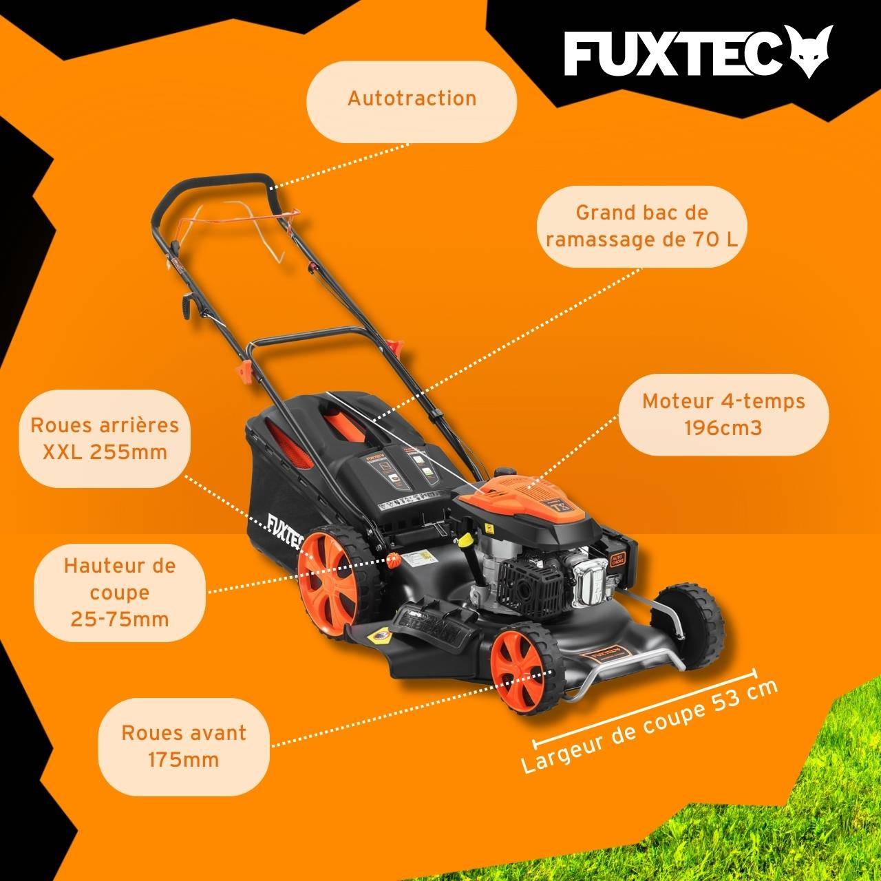 FUXTEC - Tondeuse thermique autotractée 196 cm³ coupe 53 cm bac 70 L 6 CV - Fuxtec - Image 6