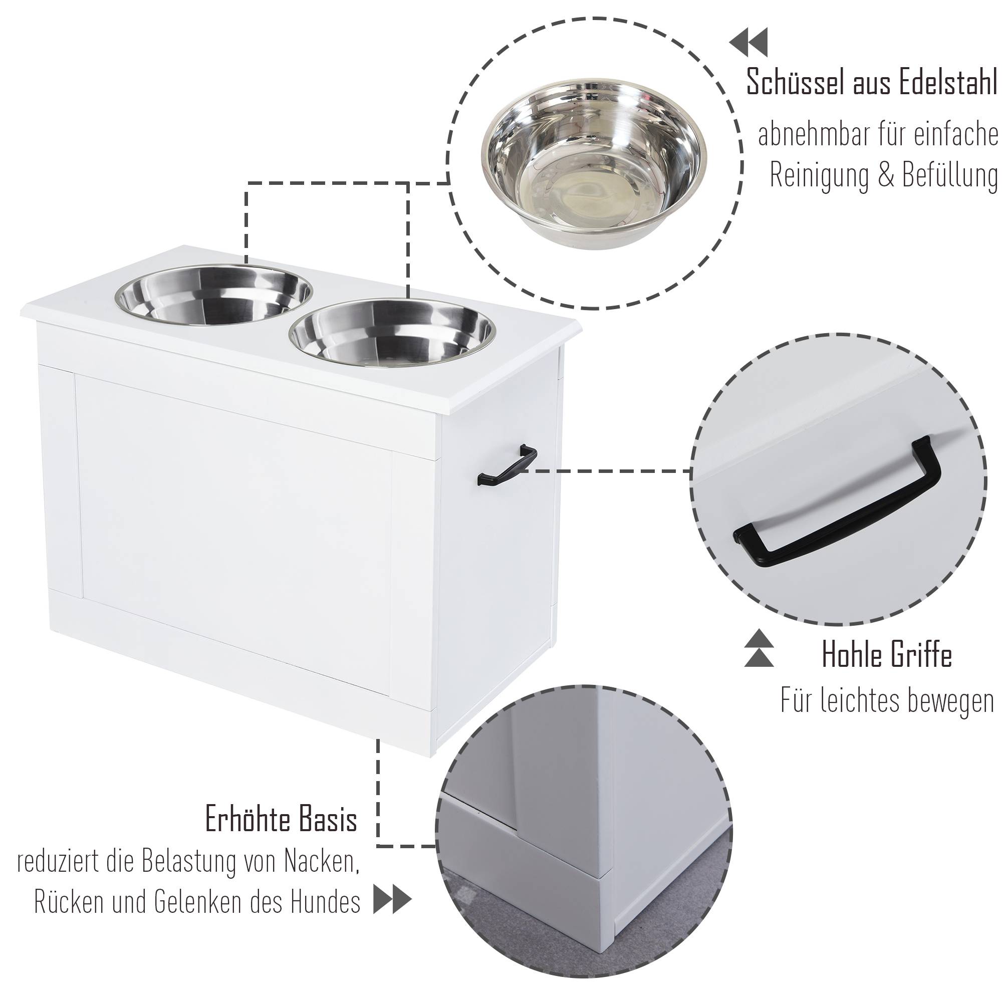 Station de repas surélevée MDF inox pour grands chiens avec rangement 60x30x41cm Blanc - ComfortXL Outdoor Living - Image 6