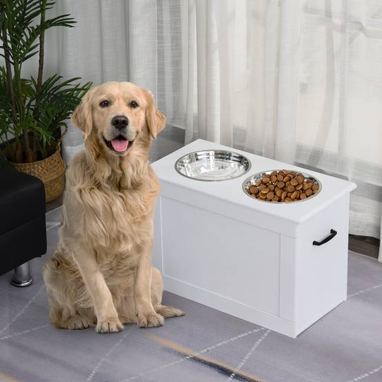 Station de repas surélevée MDF inox pour grands chiens avec rangement 60x30x41cm Blanc - ComfortXL Outdoor Living - Image 1