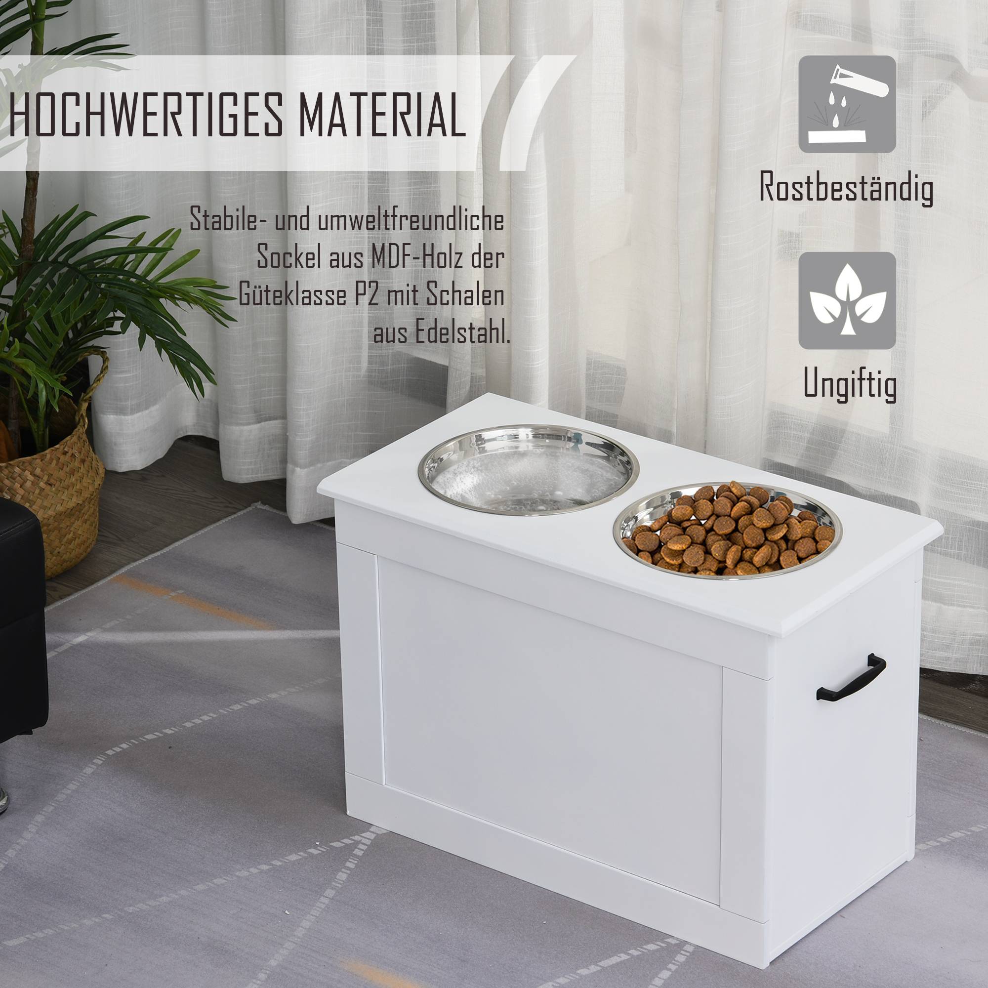 Station de repas surélevée MDF inox pour grands chiens avec rangement 60x30x41cm Blanc - ComfortXL Outdoor Living - Image 5