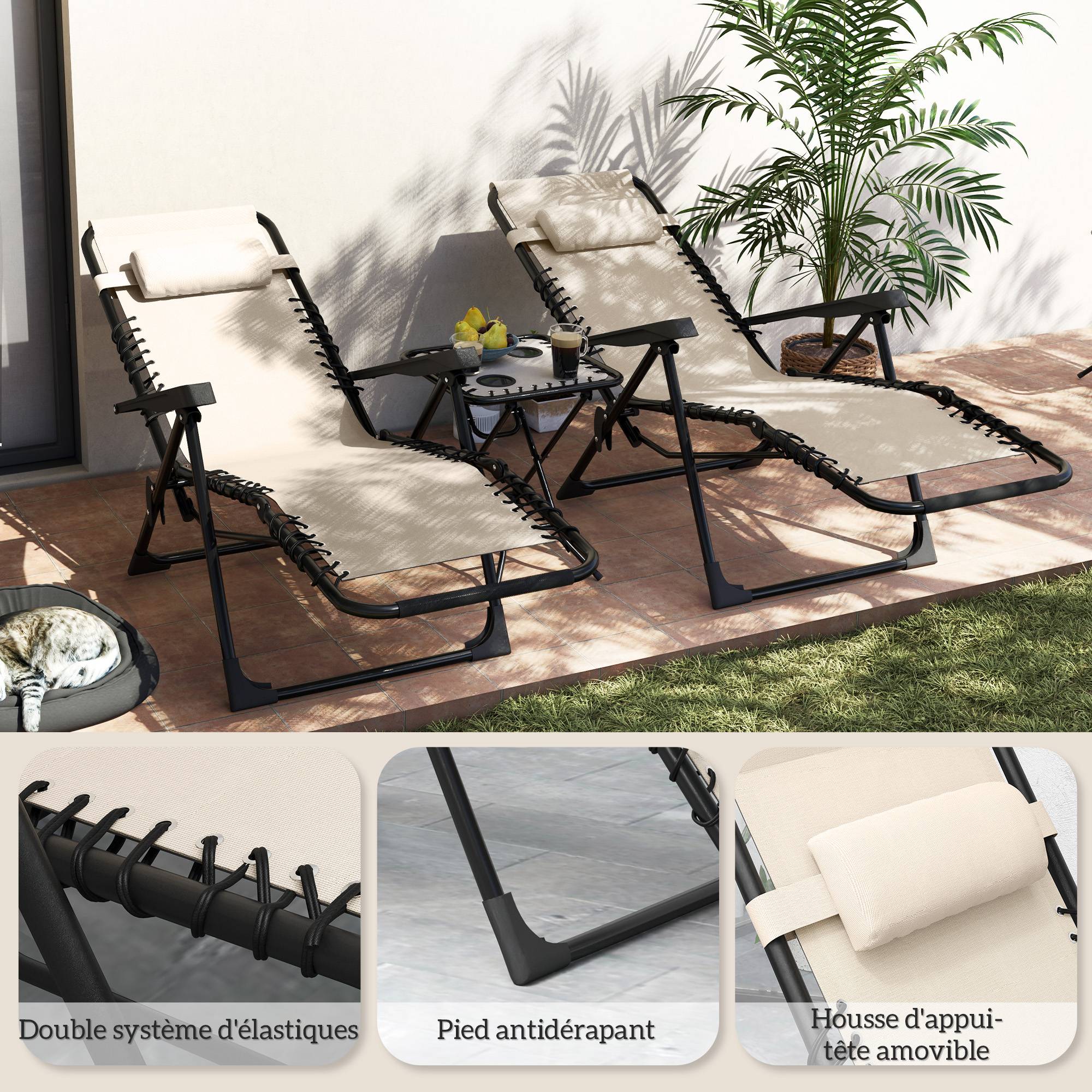 Lot de 2 chaise longue pliable et inclinable avec table d'appoint, porte-gobelets et appuie-têtes, charge 120 kg, beige - Image 10