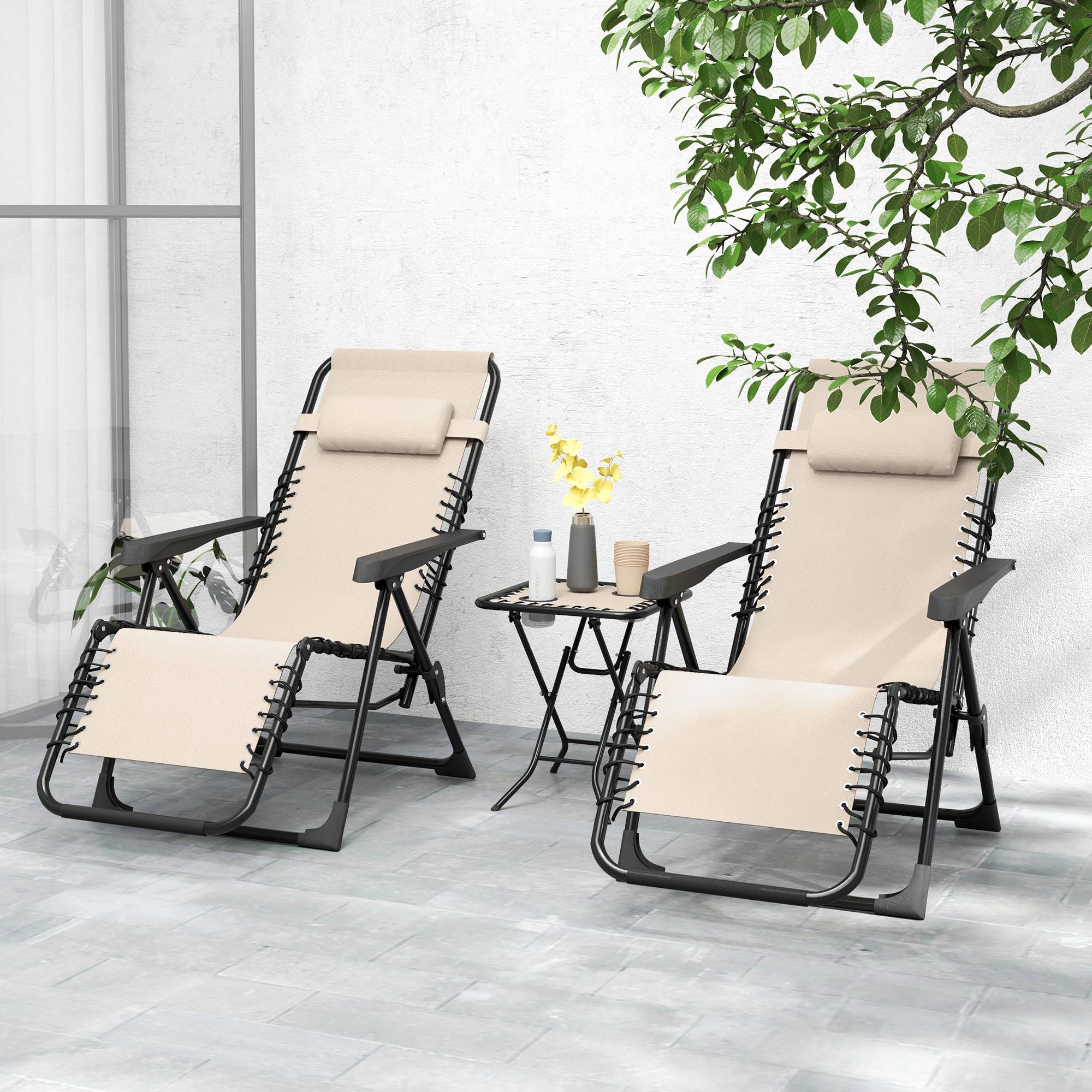 Lot de 2 chaise longue pliable et inclinable avec table d'appoint, porte-gobelets et appuie-têtes, charge 120 kg, beige - Image 4