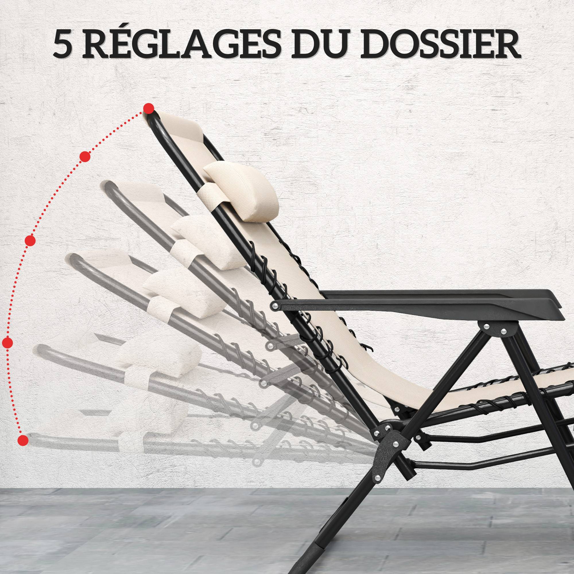 Lot de 2 chaise longue pliable et inclinable avec table d'appoint, porte-gobelets et appuie-têtes, charge 120 kg, beige - Image 6