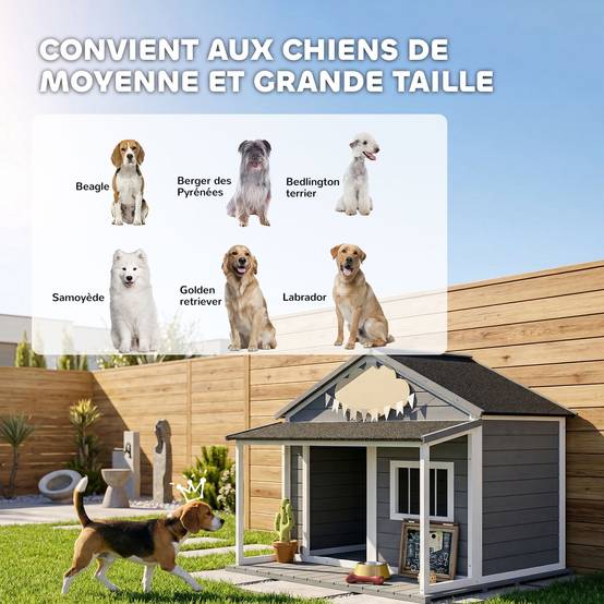 Niche chien extérieur bois sapin terrasse toit bitumé aération 124x112x105cm gris - ComfortXL Outdoor Living - Image 9