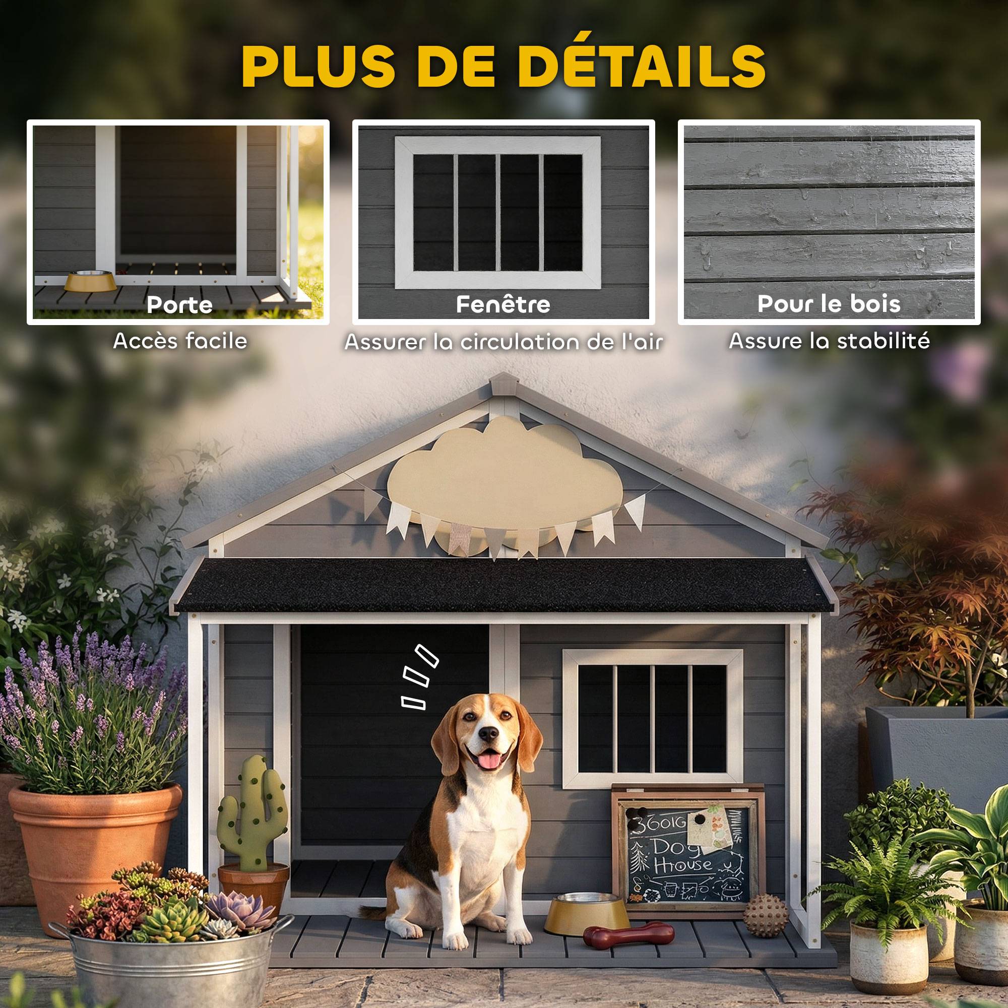 Niche chien extérieur bois sapin terrasse toit bitumé aération 124x112x105cm gris - ComfortXL Outdoor Living - Image 8