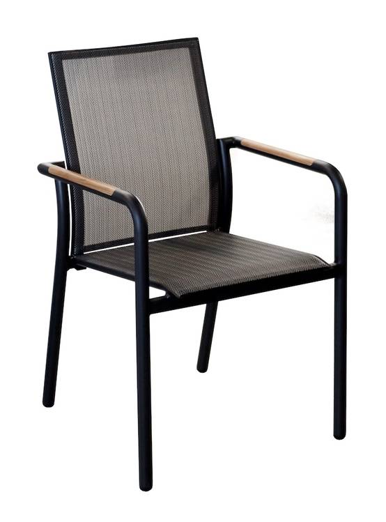 Proloisirs - Fauteuil repas empilable – AROHA – Graphite chevron – Aluminium époxy – Accoudoirs teck FSC