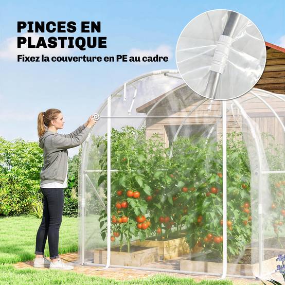 Serre tunnel de jardin 6m² serre de jardin tunnel 195x295x195cm cadre acier galvanisé, bâche PE 150g/m² transparent - Image 10