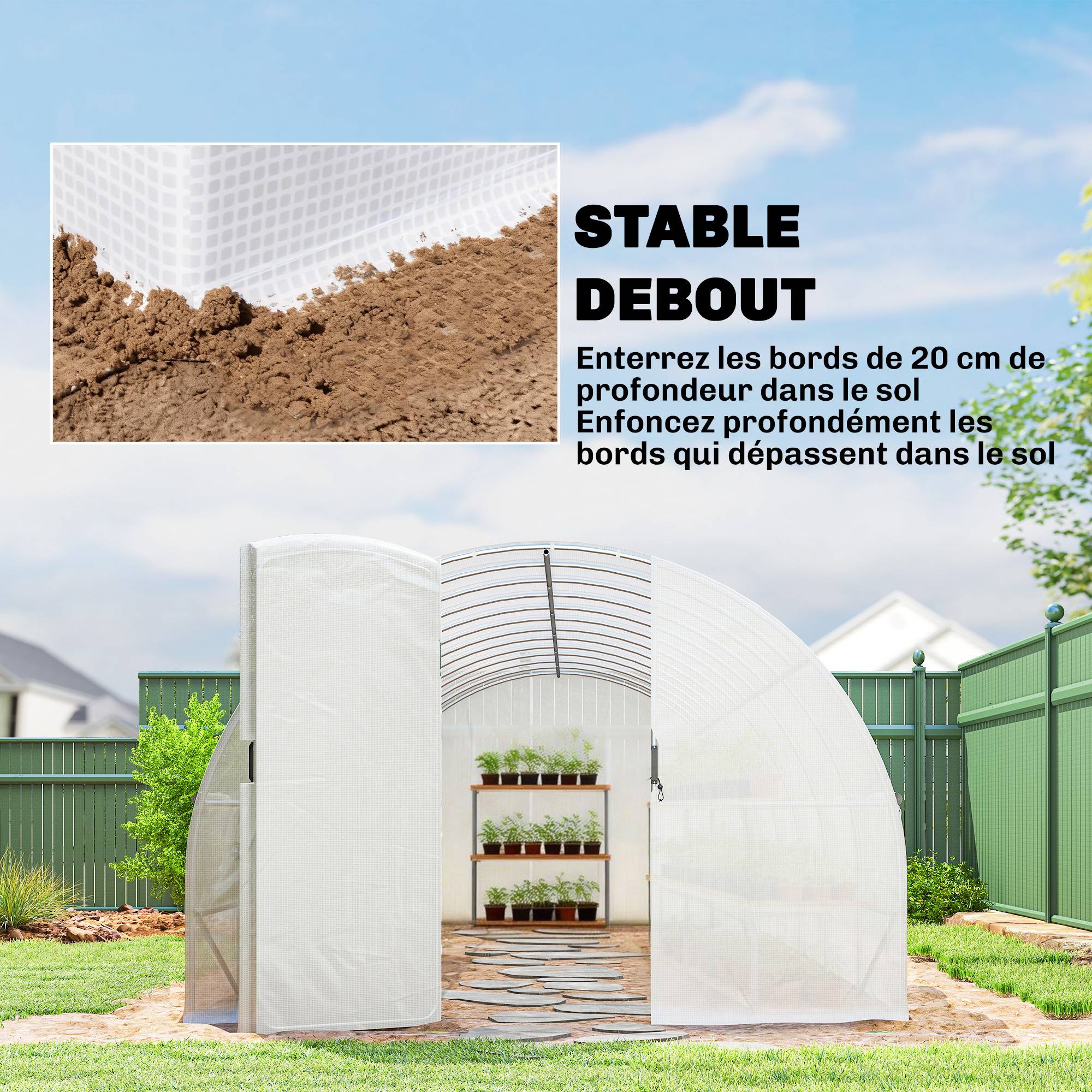 Serre tunnel de jardin 24m², serre de jardin tunnel avec portes et 12 fenêtres avec moustiquaires, 295x798x199cm, blanc - Image 10