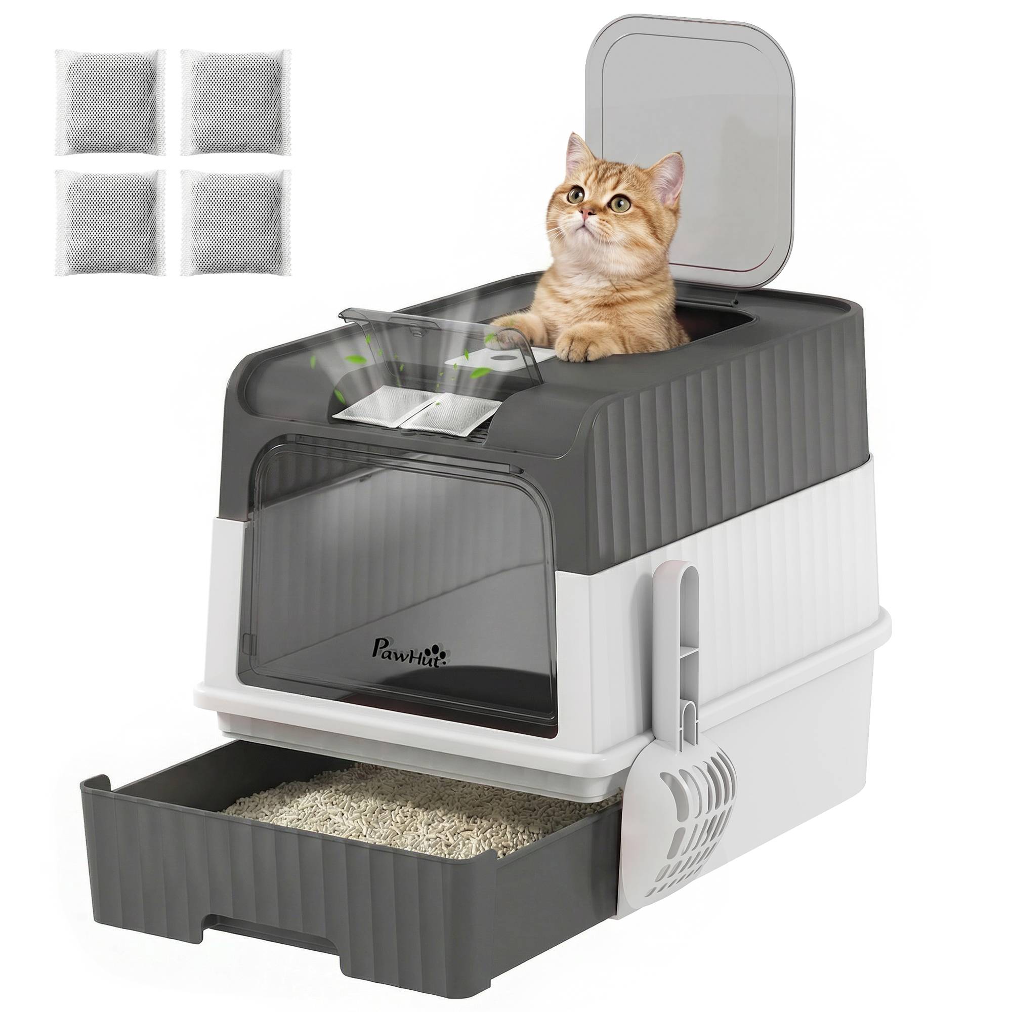 Sans Marque - Maison de Toilette pour Chat avec Couvercle, Entrées, Plateau Coulissant, Pelle, Sachets Désodorisants, 48x35x36cm, Gris - Image 1