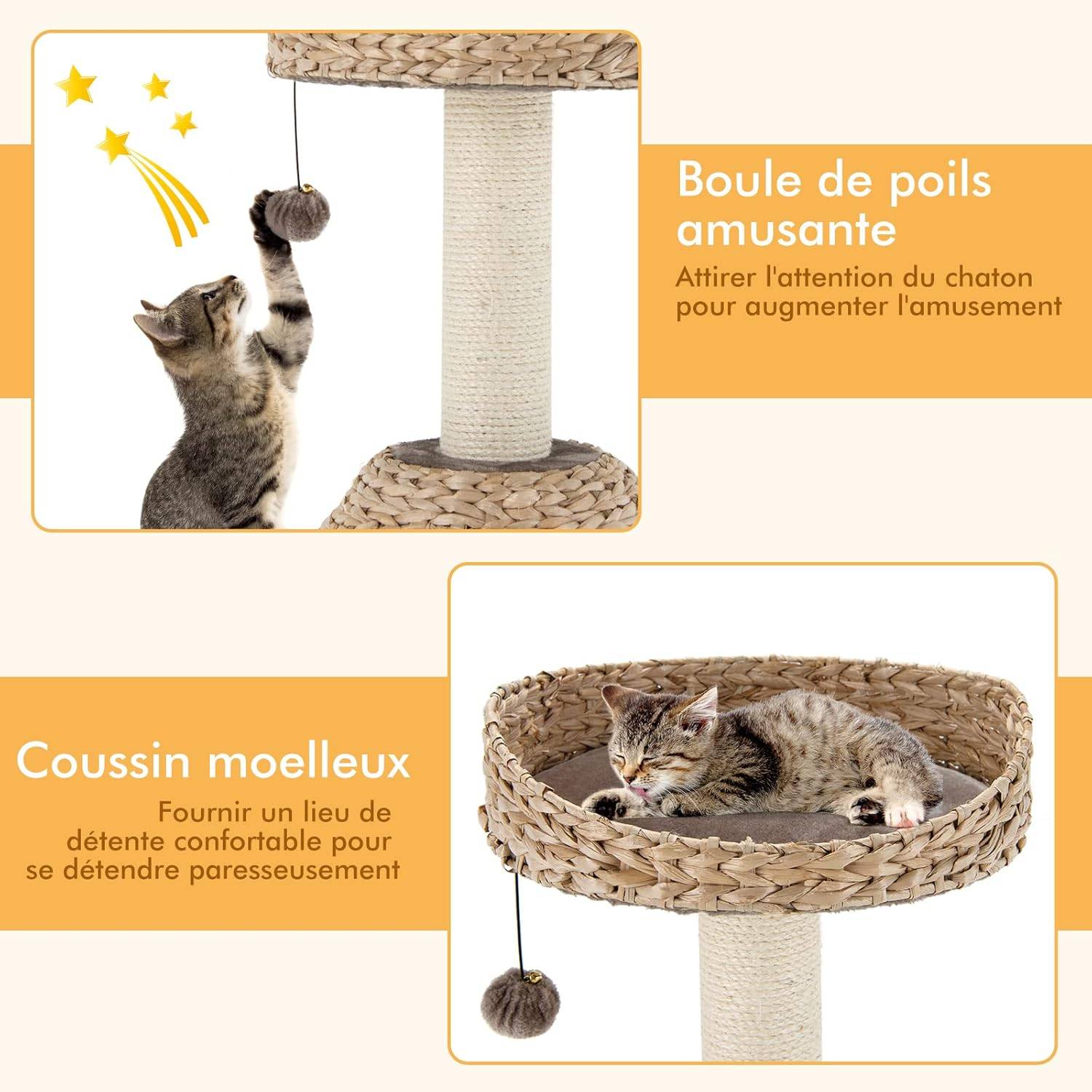 Arbre à Chat, H 70,5 CM, avec Griffoir, Niche et Pompon Suspendu - Image 4
