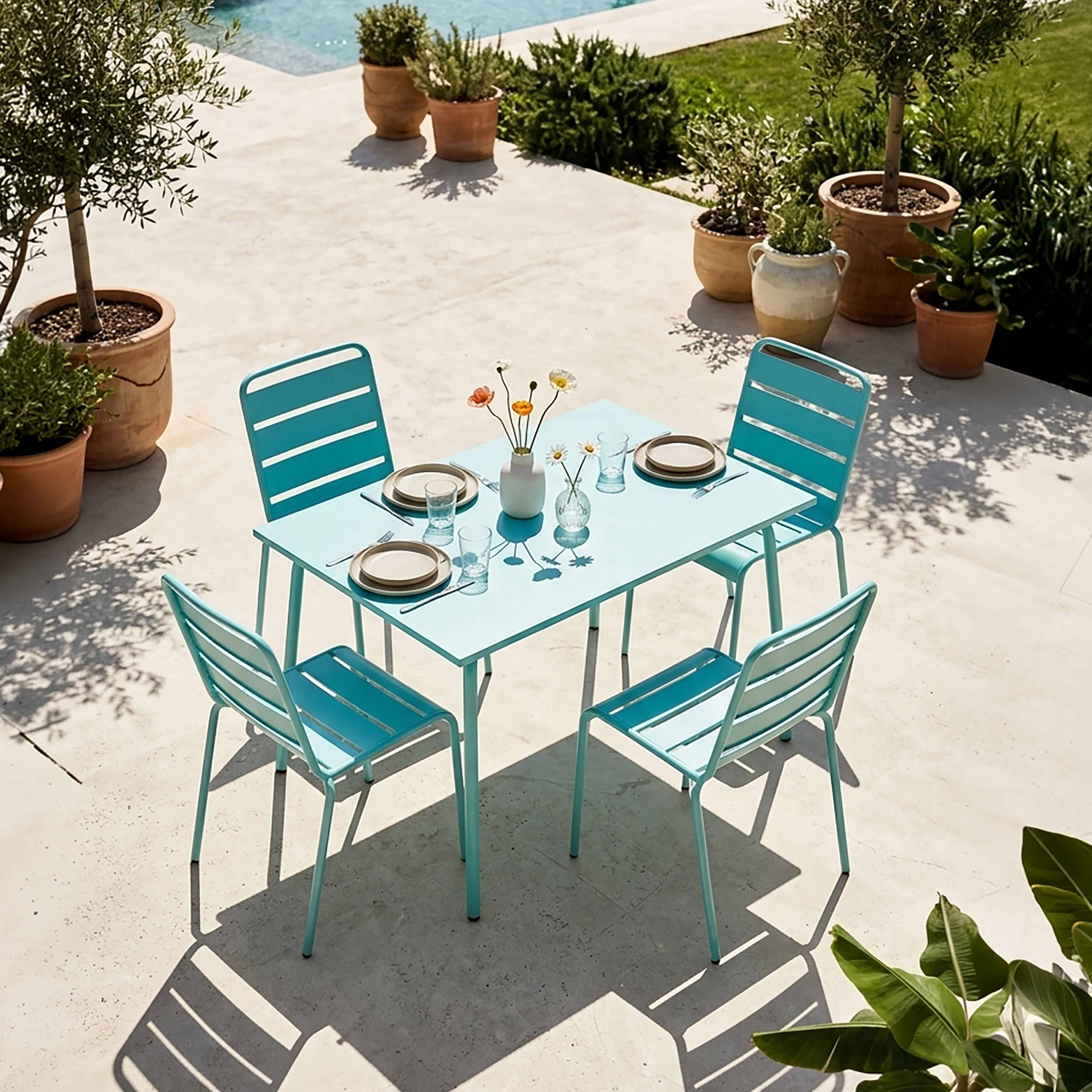 Oviala - Ensemble table de jardin en métal et 4 chaises turquoise Palavas - Oviala - Imagen 2