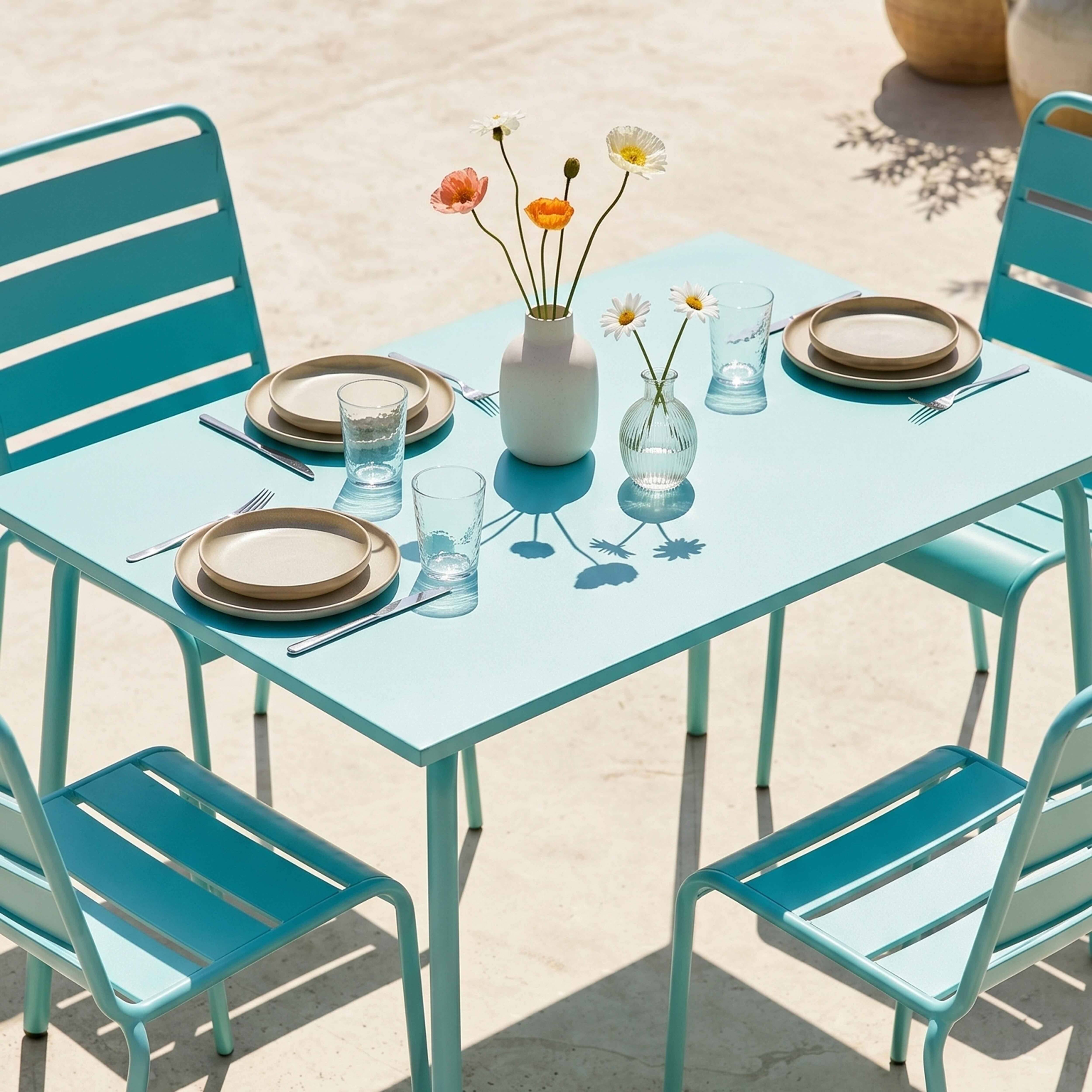 Oviala - Ensemble table de jardin en métal et 4 chaises turquoise Palavas - Oviala - Imagen 3