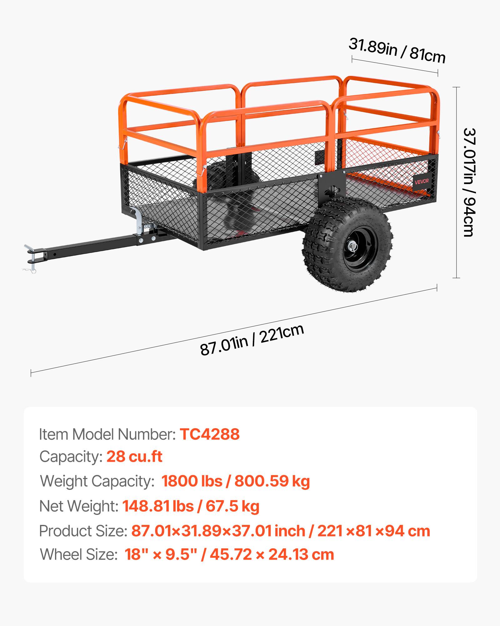 VEVOR Remorque benne basculante 793 L, tracteur tondeuse jardin acier, capacité 800,6 kg. - Image 7