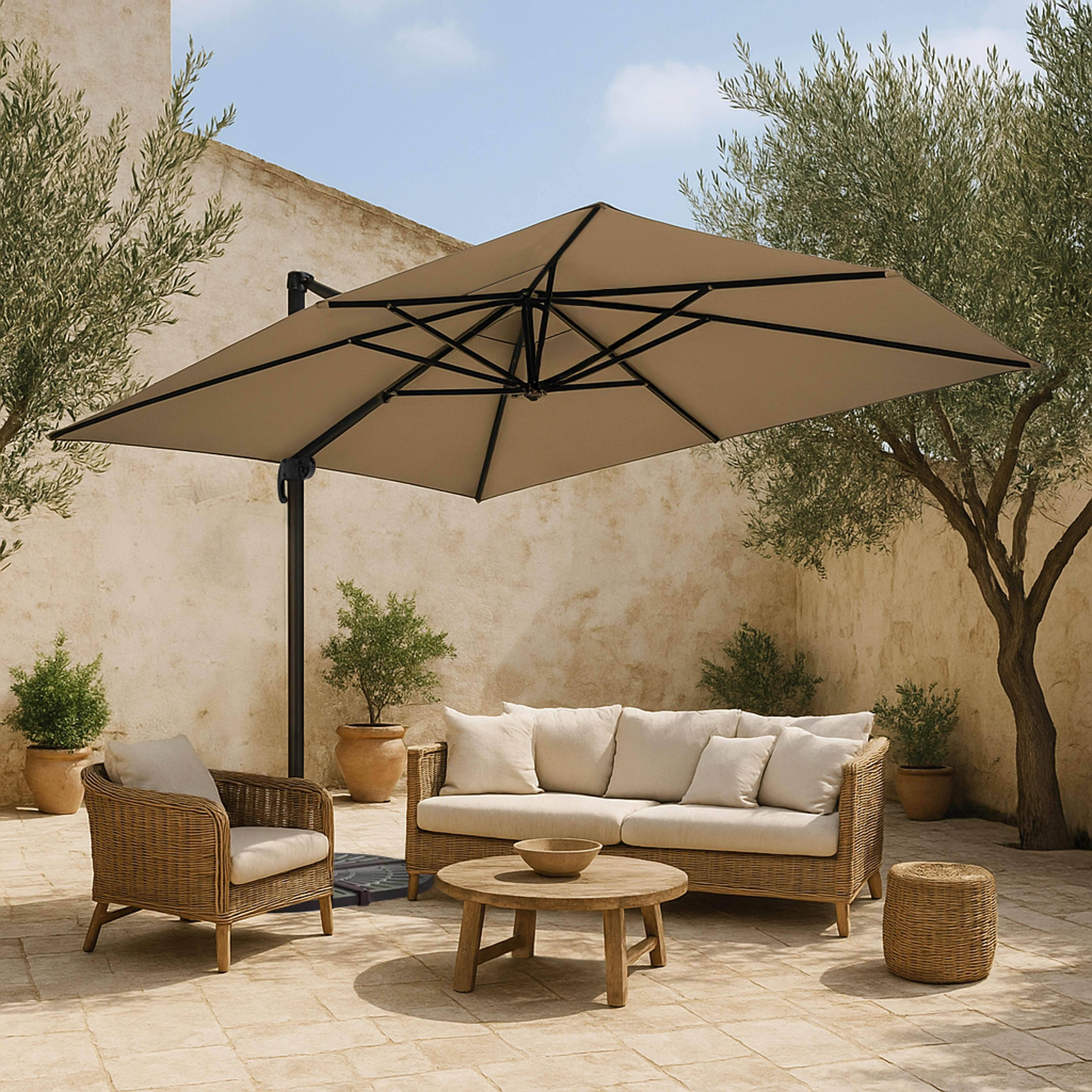Oviala - Parasol Déporté 3x4m Inclinable Rotatif + 4 Dalles Lestées taupe Caserta - Oviala - Imagen 2