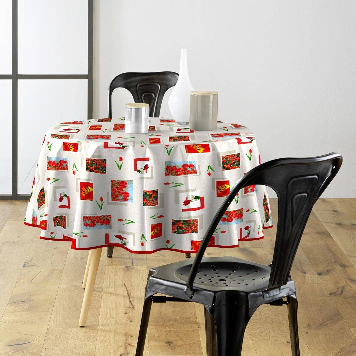 Nappe Toile Cirée Ronde "Tulipe" 160cm Rouge - Image 1