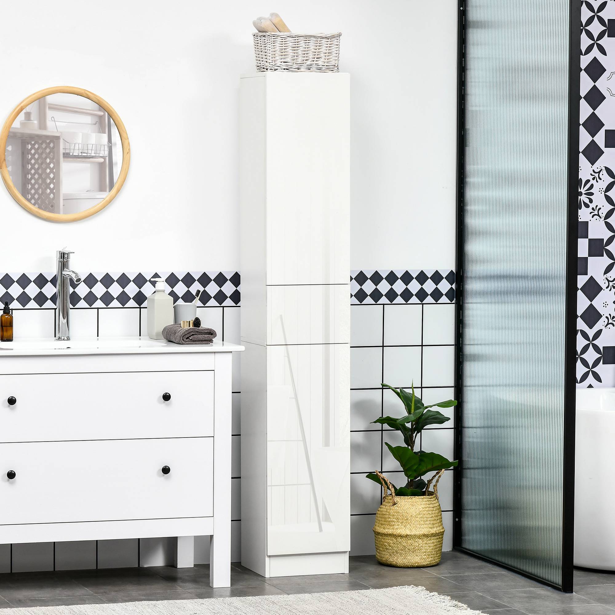 Meuble salle de bain bambou avec portes et étagères réglables, colonne rangement verticale 32x30x170 cm naturel moderne - Image 4